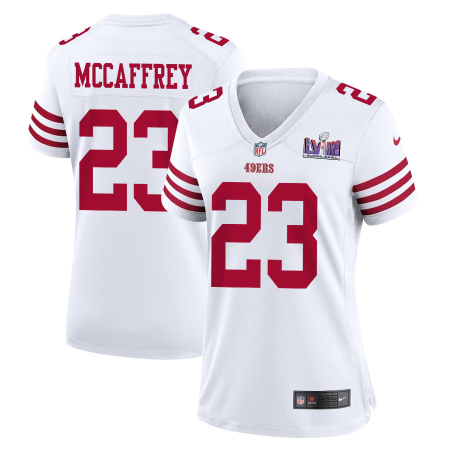Christian McCaffrey 23 San Francisco 49ers Super Bowl LVIII Patch Game Women Jersey - White JS9551 nicesnker