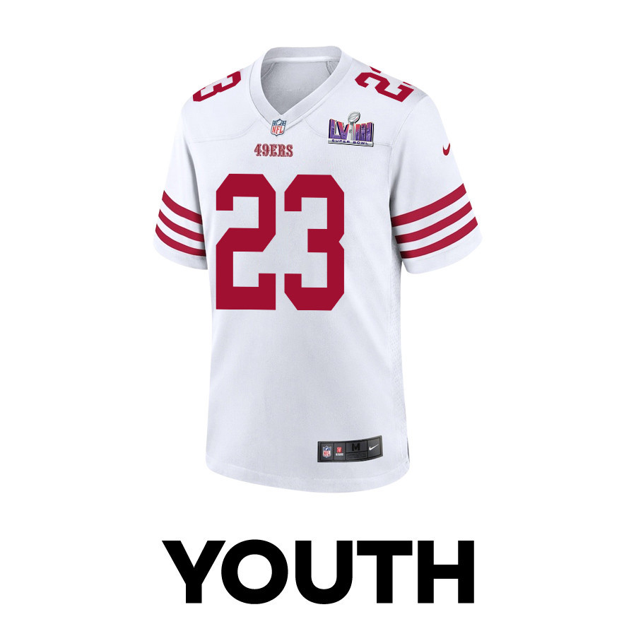 Alternative view of Christian McCaffrey 23 San Francisco 49ers Super Bowl LVIII Patch Game YOUTH Jersey - White JS3254 nicesnker