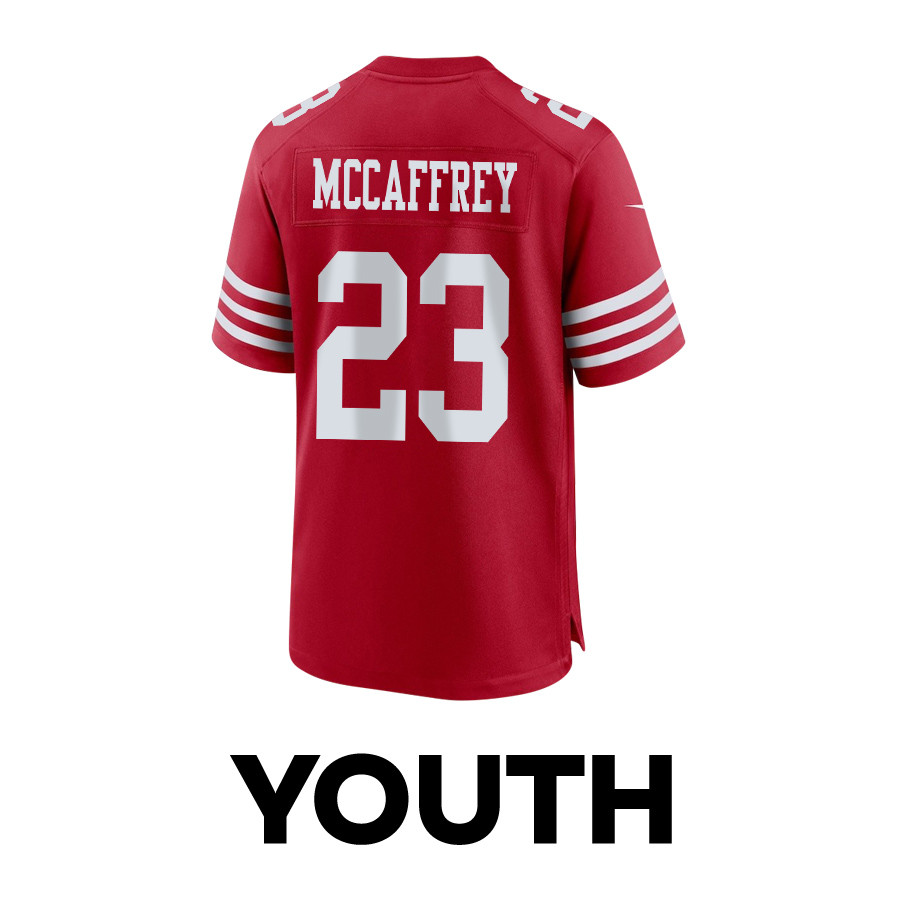Alternative view of Christian McCaffrey 23 San Francisco 49ers Throwing Ball Game YOUTH Jersey - Scarlet JS7191 nicesnker
