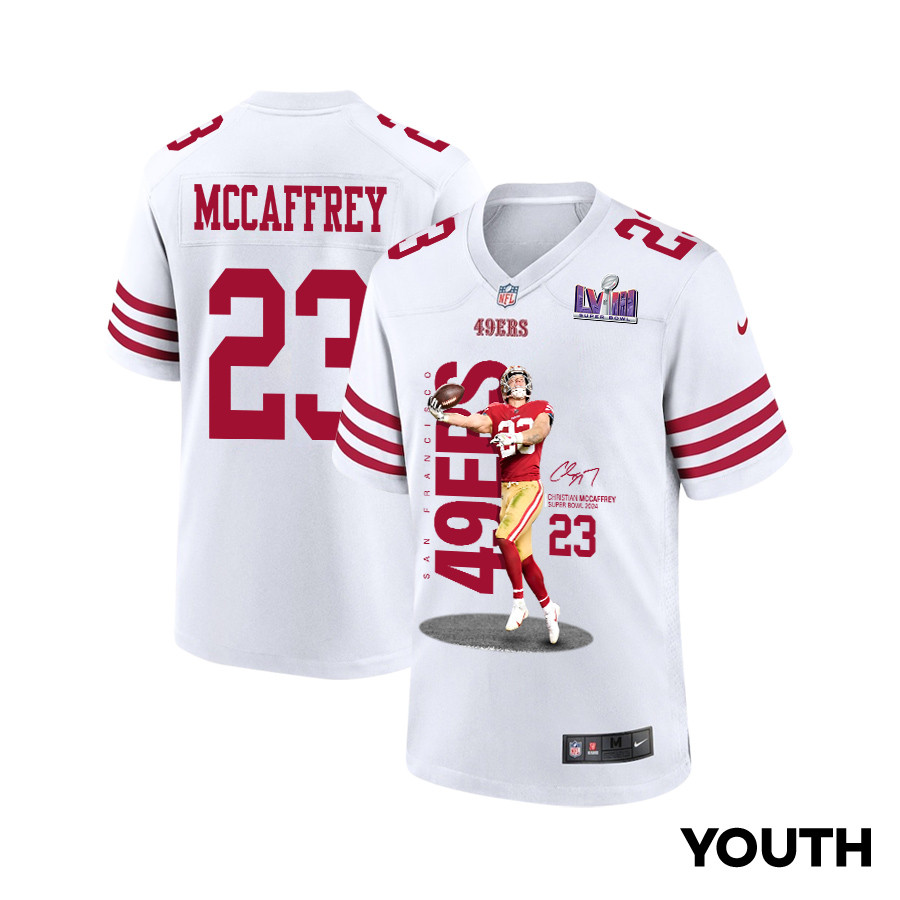 Christian McCaffrey 23 San Francisco 49ers Throwing Ball Game YOUTH Jersey - White JS4948 nicesnker