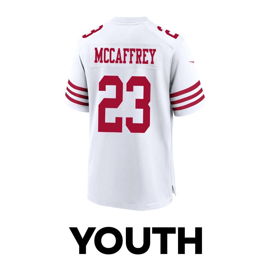 Alternative view of Christian McCaffrey 23 San Francisco 49ers Throwing Ball Game YOUTH Jersey - White JS4948 nicesnker