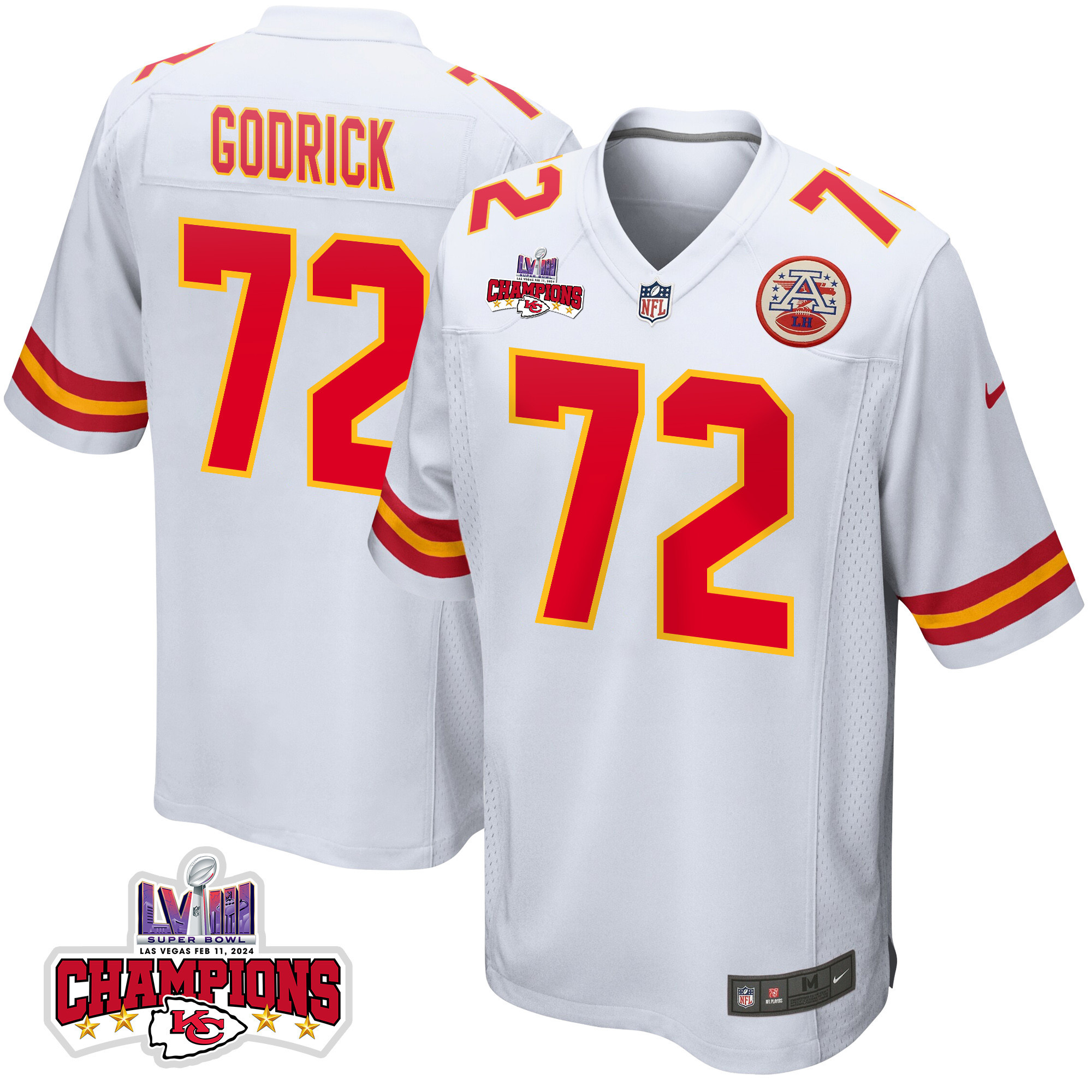 Chukwuebuka Godrick 72 Kansas City Chiefs Super Bowl LVIII Champions 4 Stars Patch Game Men Jersey - White JS8142 nicesnker