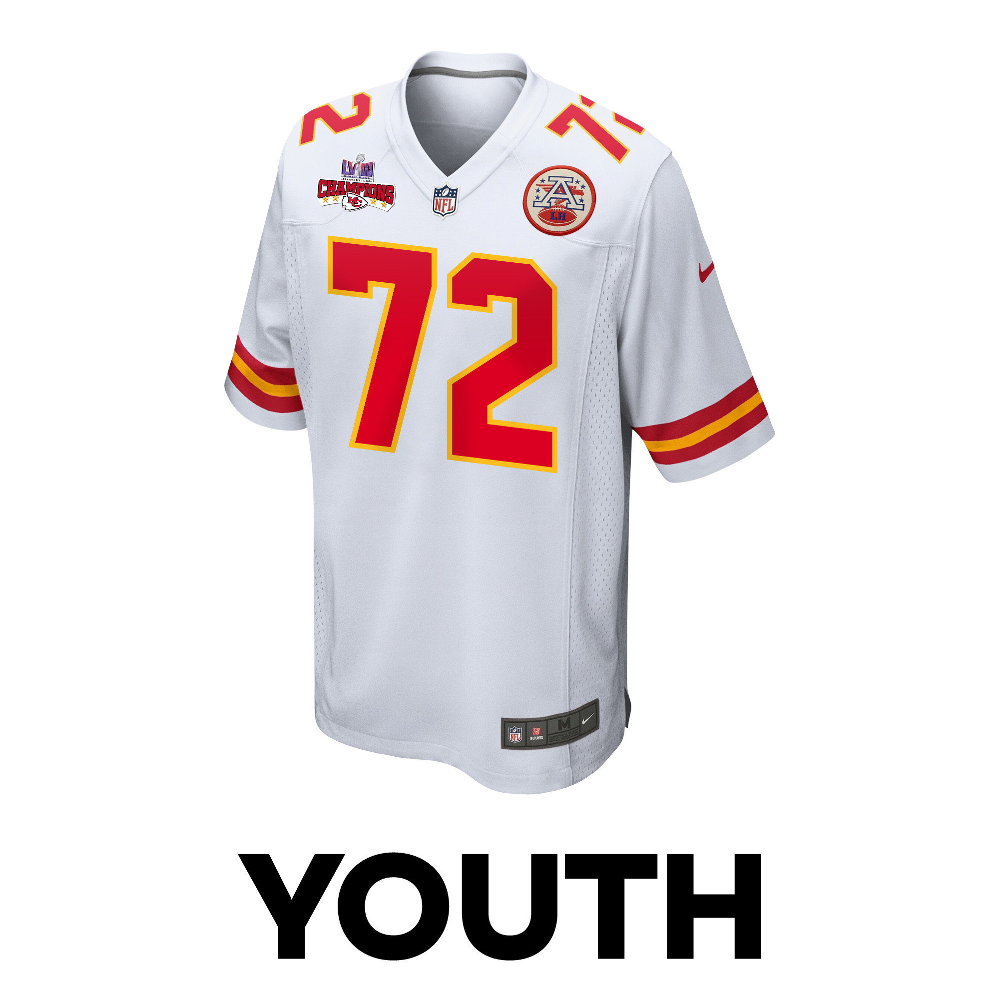 Alternative view of Chukwuebuka Godrick 72 Kansas City Chiefs Super Bowl LVIII Champions 4 Stars Patch Game YOUTH Jersey - White JS3959 nicesnker