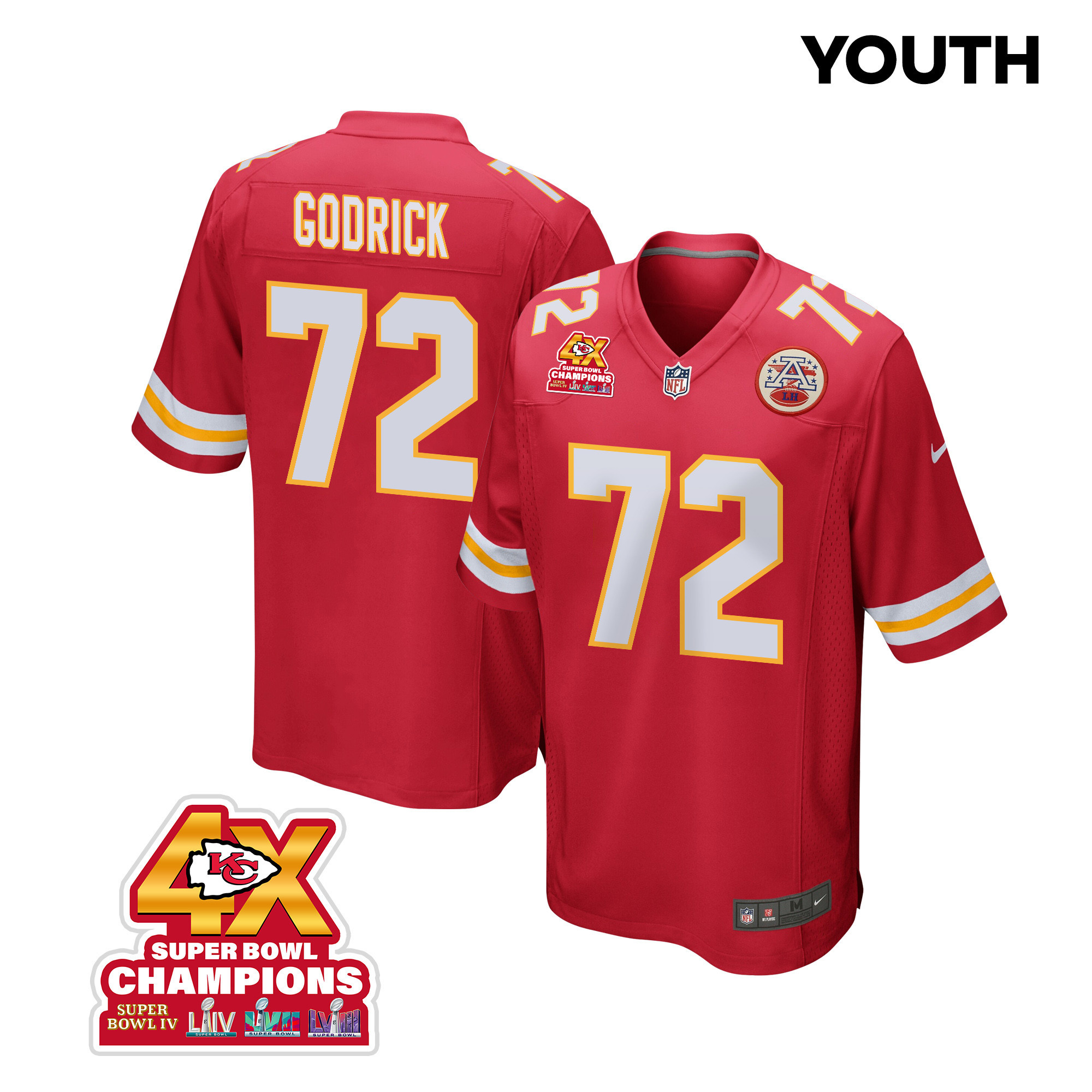 Chukwuebuka Godrick 72 Kansas City Chiefs Super Bowl LVIII Champions 4X Game YOUTH Jersey - Red JS7126 nicesnker