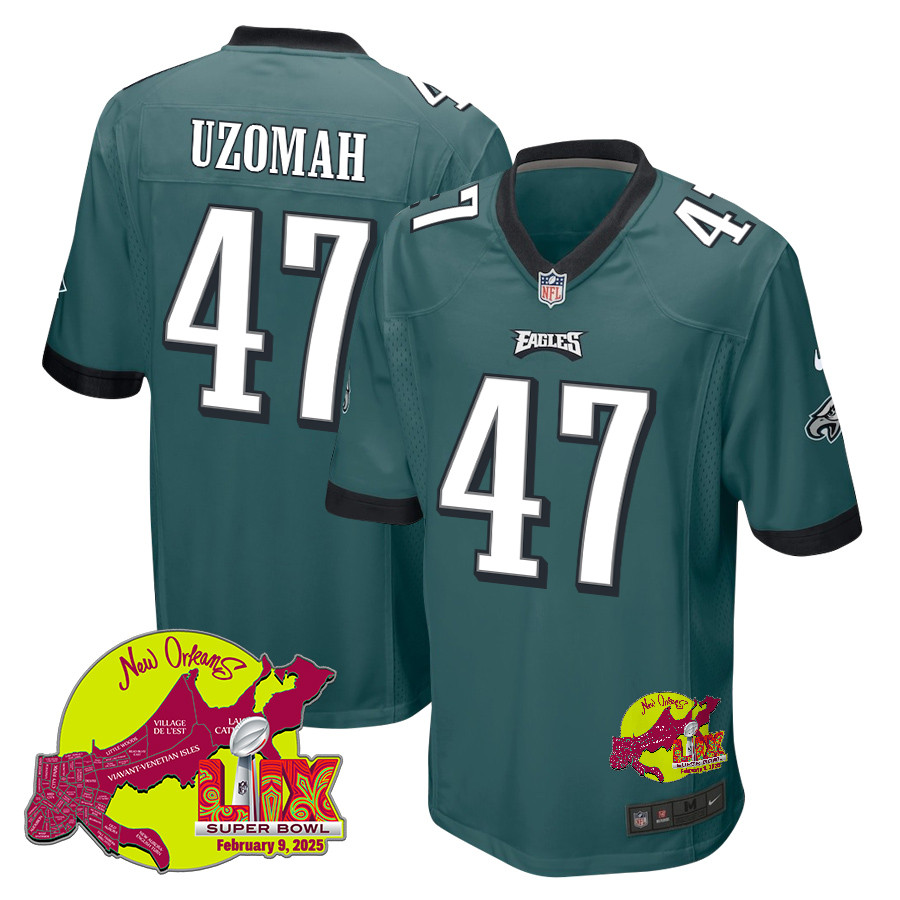 C.J. Uzomah 47 Philadelphia Eagles Super Bowl LIX New Orleans Patch Game Men Jersey - Midnight Green JS4110 nicesnker
