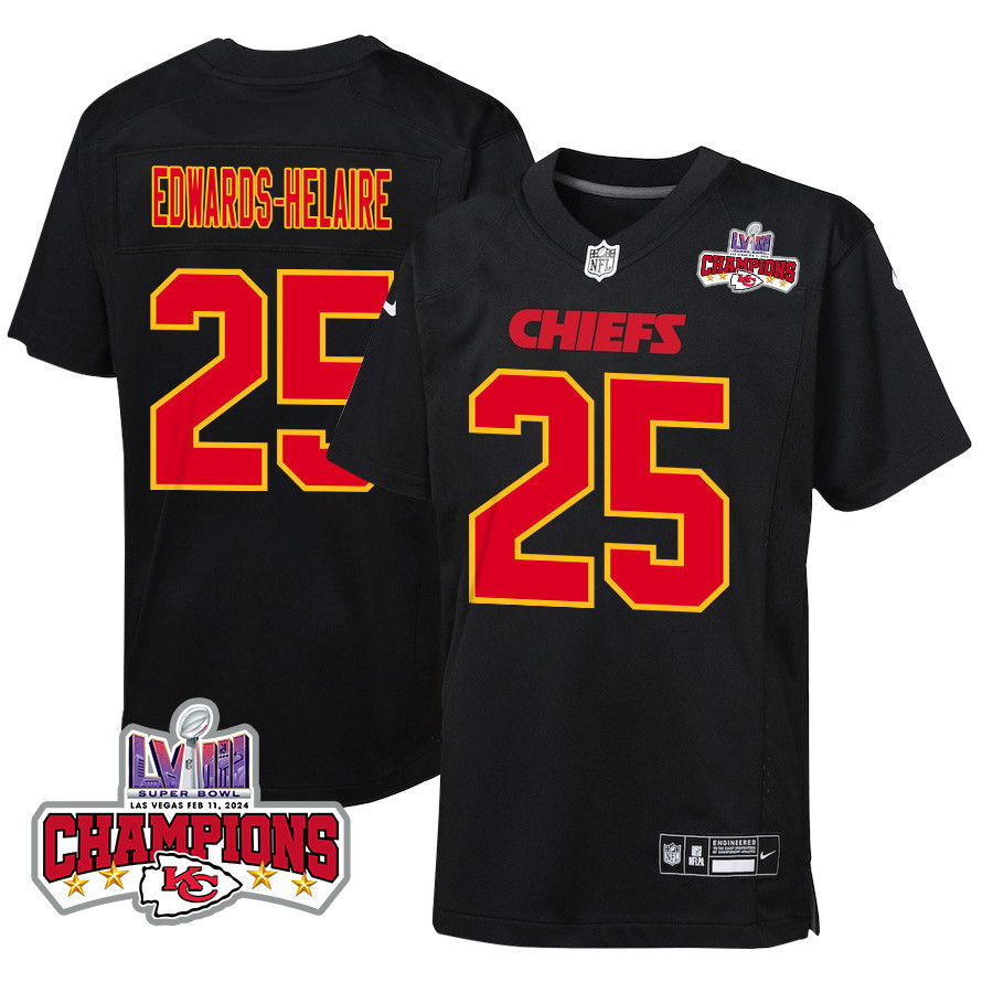 Clyde Edwards-Helaire 25 Kansas City Chiefs Super Bowl LVIII Champions 4 Stars Patch Fashion Game YOUTH Jersey - Carbon Black JS4997 nicesnker