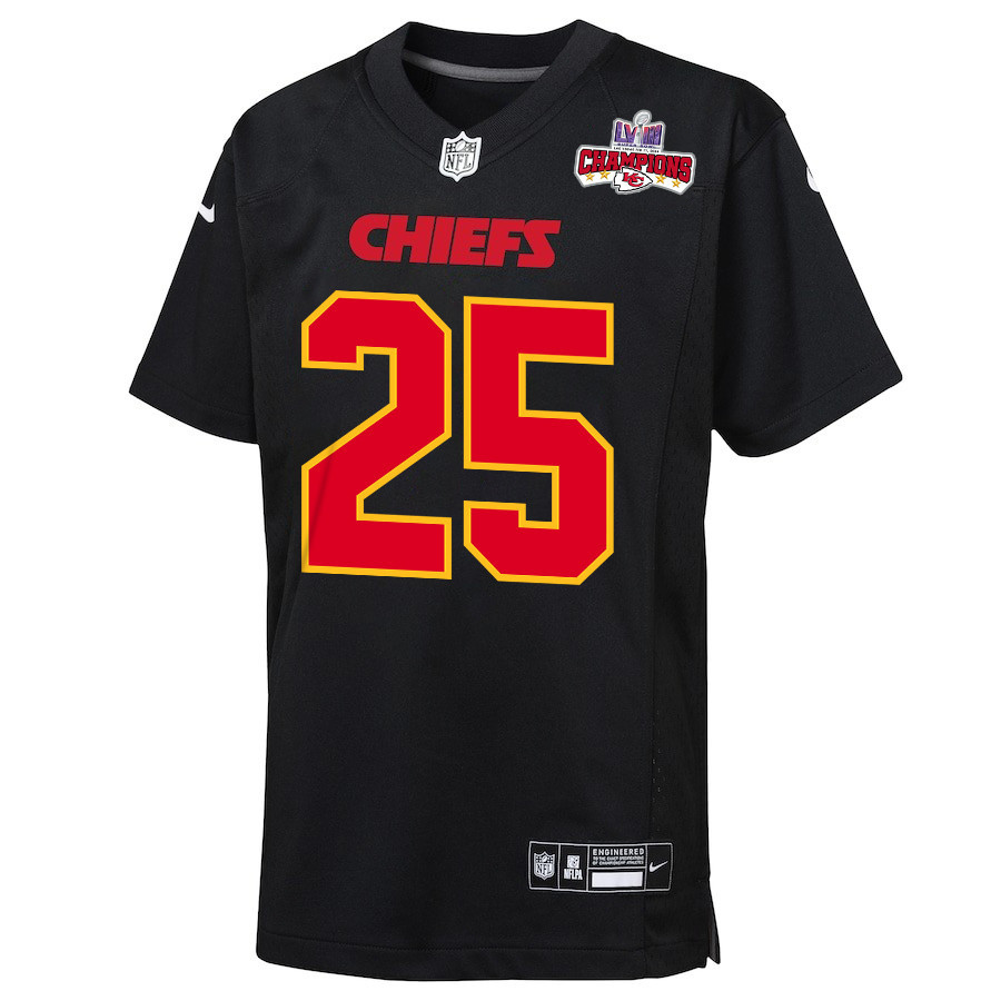 Alternative view of Clyde Edwards-Helaire 25 Kansas City Chiefs Super Bowl LVIII Champions 4 Stars Patch Fashion Game YOUTH Jersey - Carbon Black JS4997 nicesnker