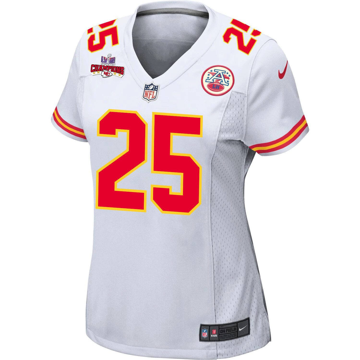 Alternative view of Clyde Edwards-Helaire 25 Kansas City Chiefs Super Bowl LVIII Champions 4 Stars Patch Game Women Jersey - White JS8579 nicesnker