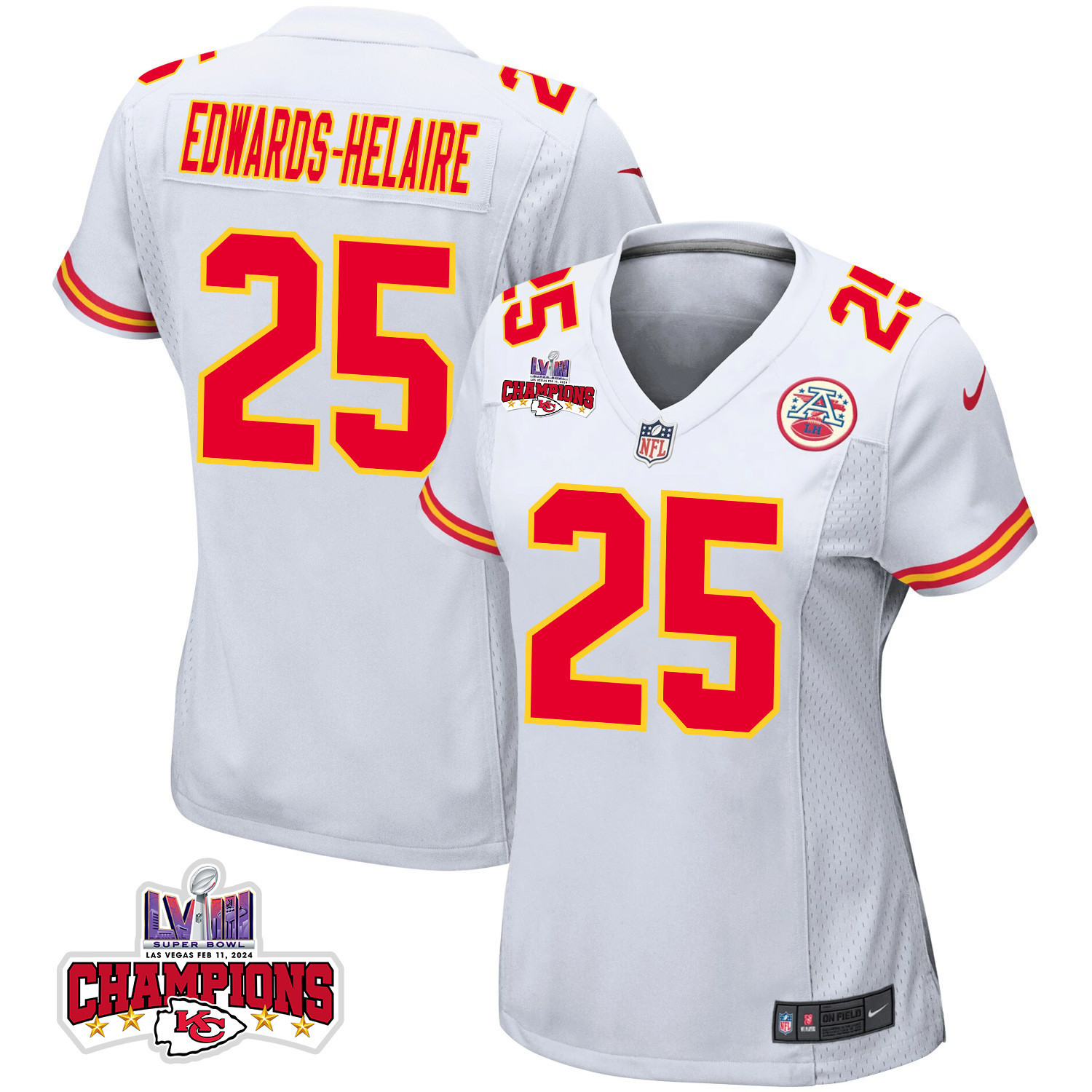 Clyde Edwards-Helaire 25 Kansas City Chiefs Super Bowl LVIII Champions 4 Stars Patch Game Women Jersey - White JS8579 nicesnker