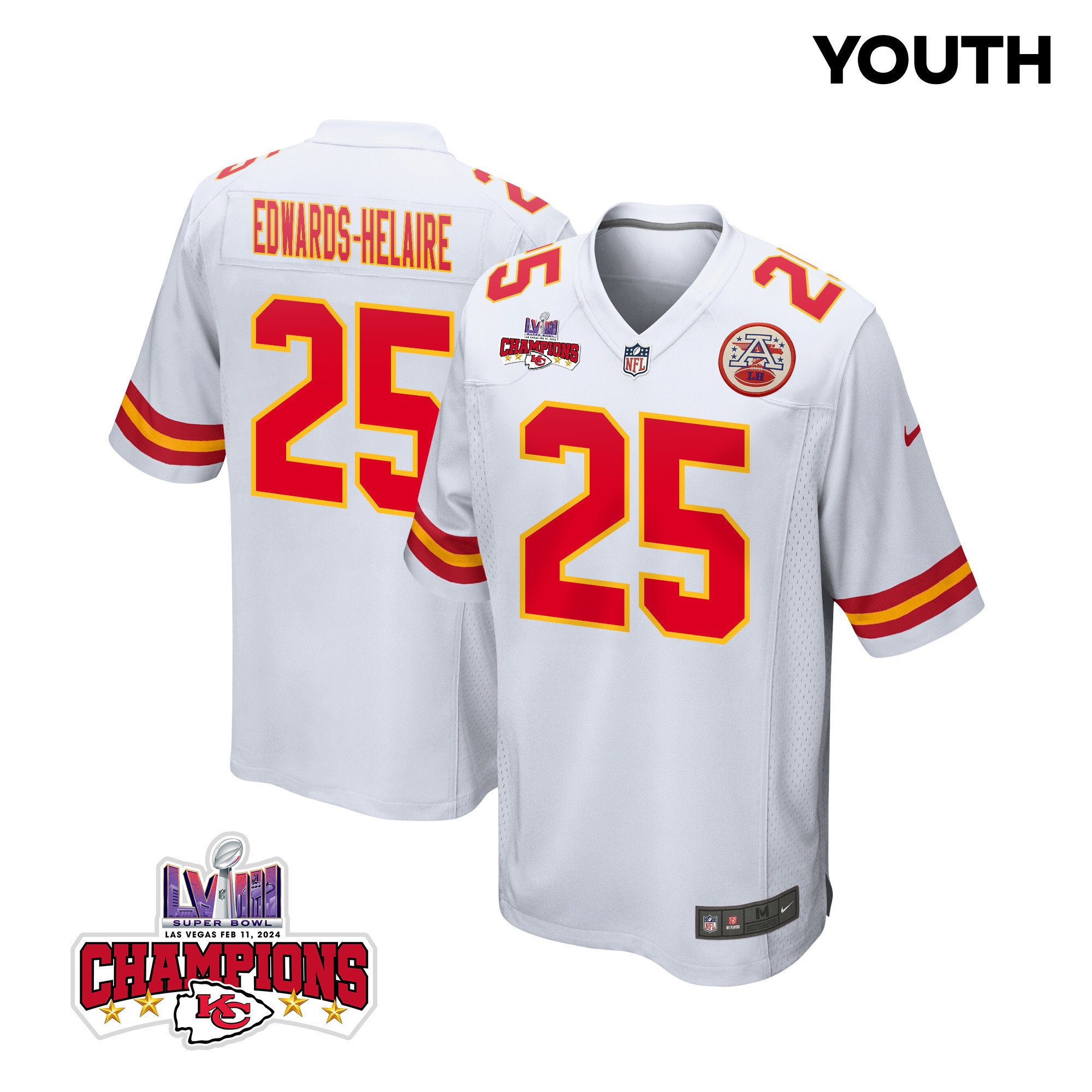 Clyde Edwards-Helaire 25 Kansas City Chiefs Super Bowl LVIII Champions 4 Stars Patch Game YOUTH Jersey - White JS2256 nicesnker