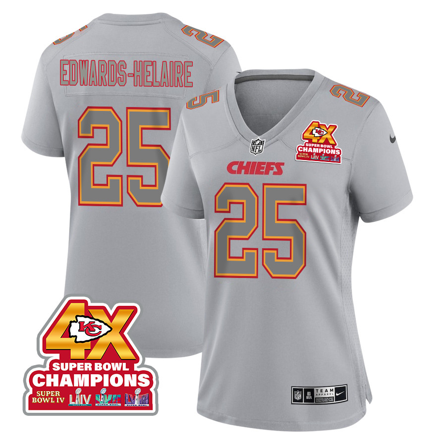 Clyde Edwards-Helaire 25 Kansas City Chiefs Super Bowl LVIII Champions 4X Atmosphere Fashion Game Women Jersey - Gray JS9537 nicesnker