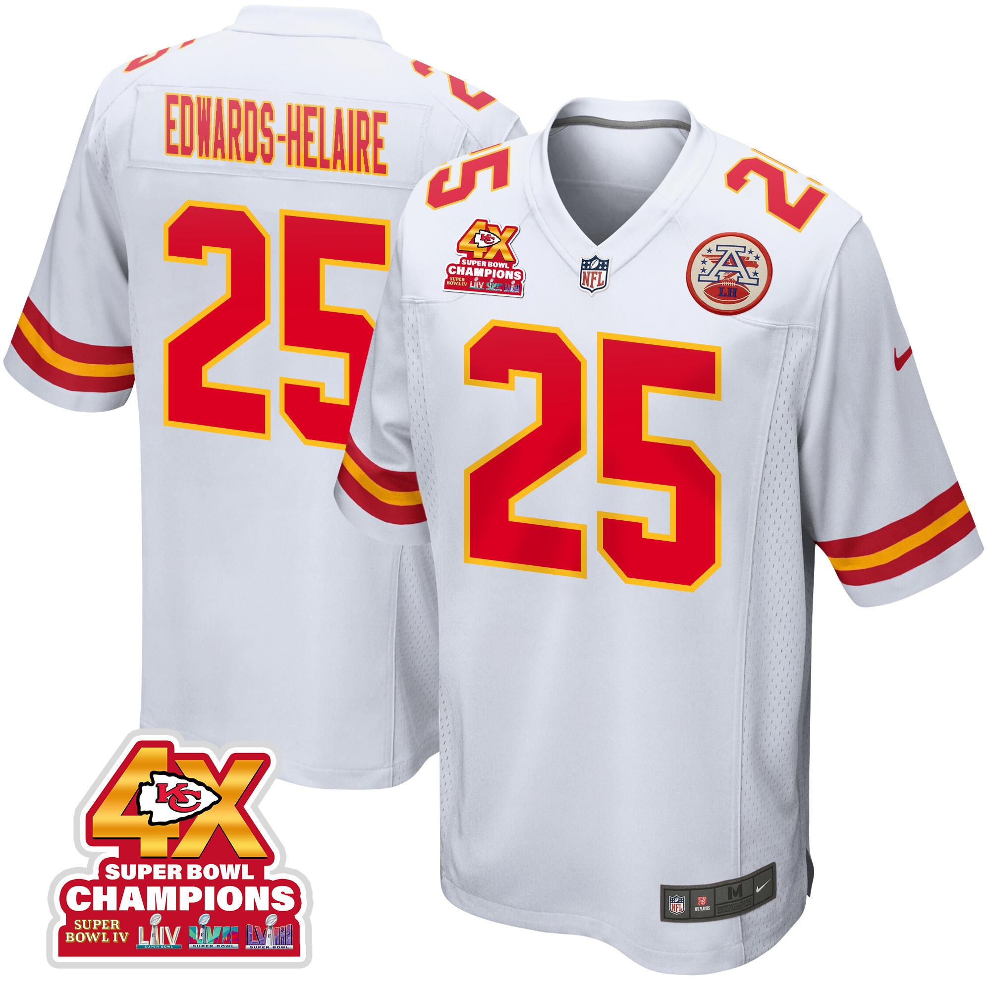 Clyde Edwards-Helaire 25 Kansas City Chiefs Super Bowl LVIII Champions 4X Game Men Jersey - White JS3927 nicesnker