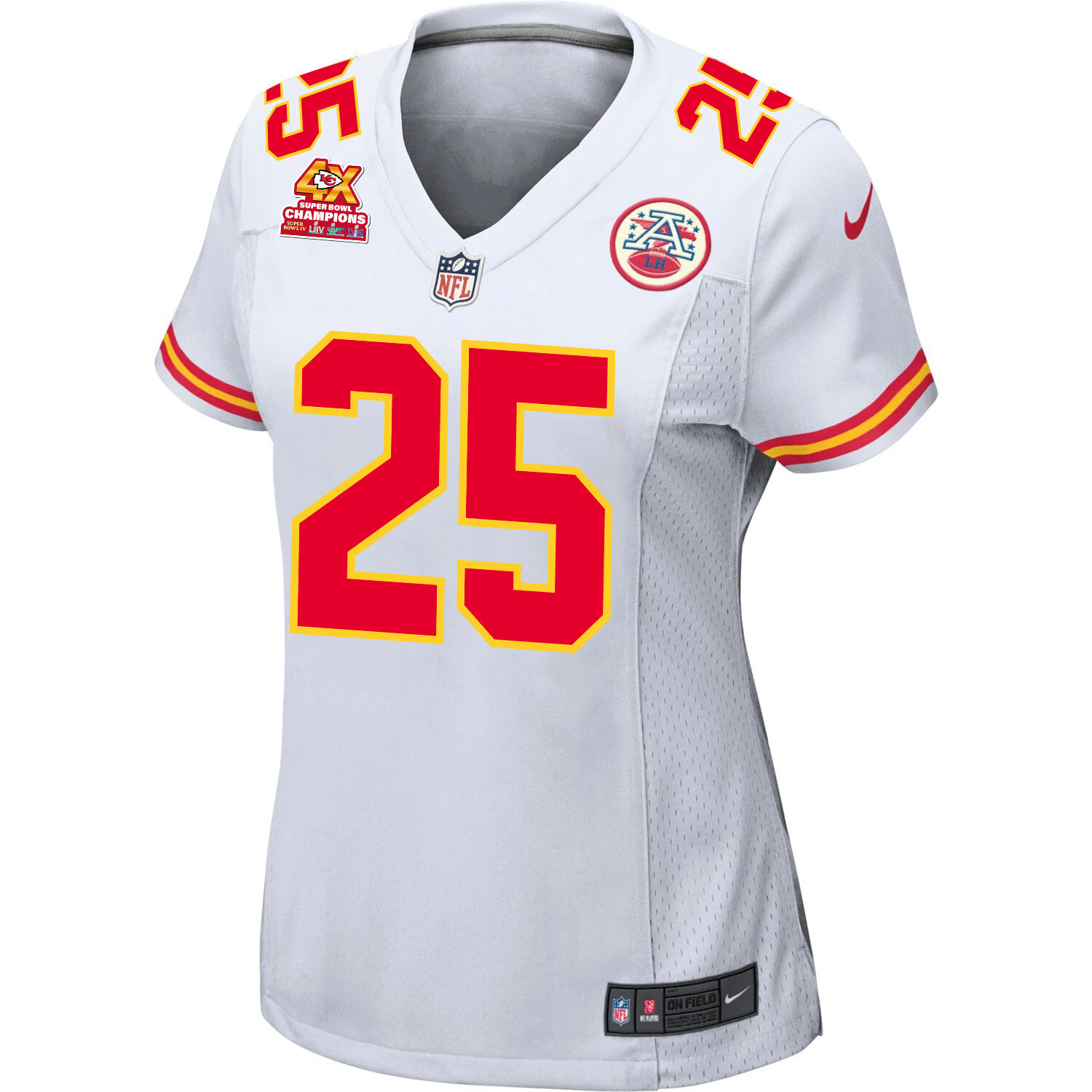 Alternative view of Clyde Edwards-Helaire 25 Kansas City Chiefs Super Bowl LVIII Champions 4X Game Women Jersey - White JS2957 nicesnker