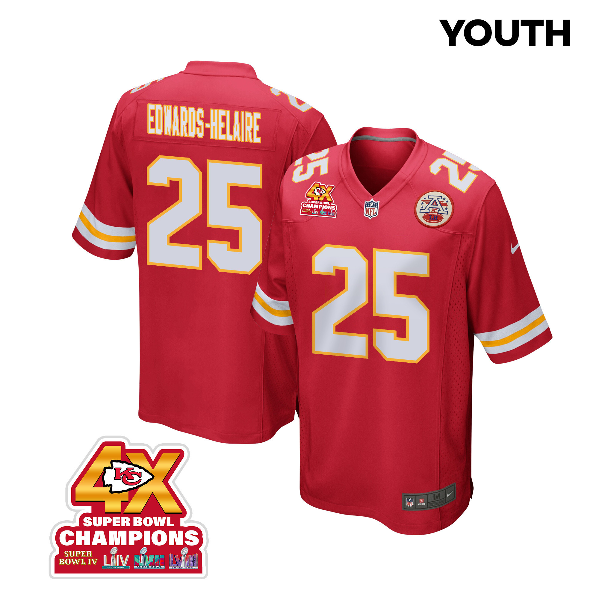 Clyde Edwards-Helaire 25 Kansas City Chiefs Super Bowl LVIII Champions 4X Game YOUTH Jersey - Red JS7580 nicesnker