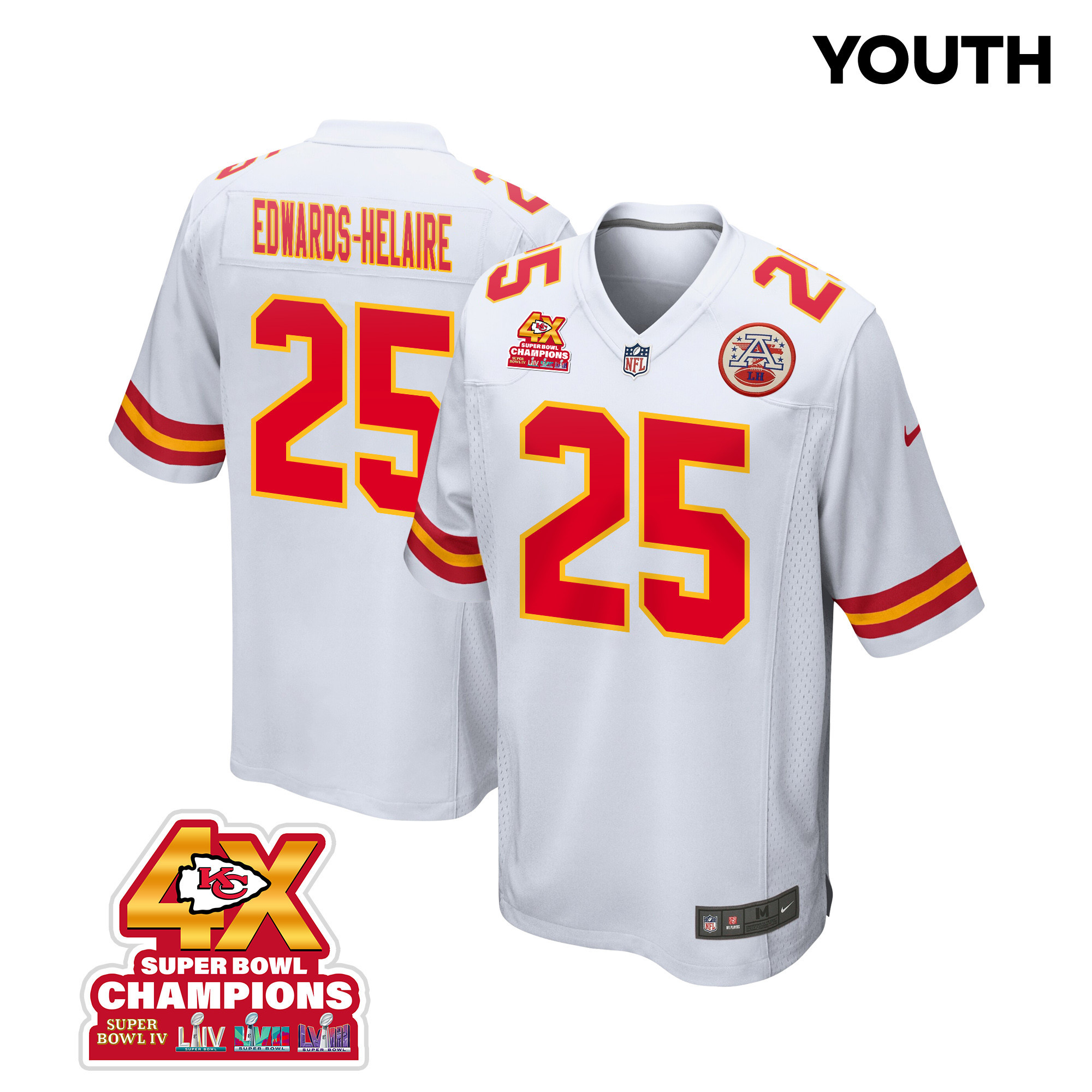 Clyde Edwards-Helaire 25 Kansas City Chiefs Super Bowl LVIII Champions 4X Game YOUTH Jersey - White JS4390 nicesnker