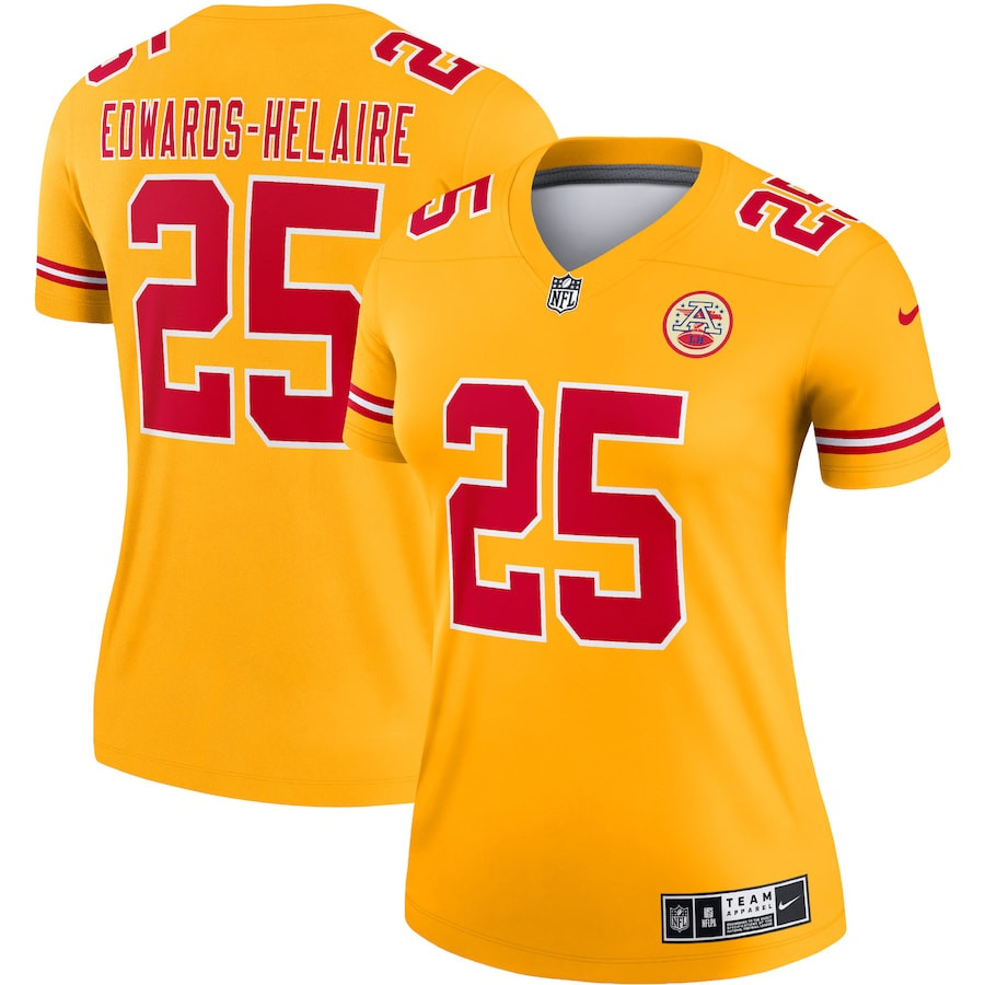 Clyde Edwards-Helaire 25 Kansas City Chiefs Women Inverted Legend Jersey - Gold JS4567 nicesnker