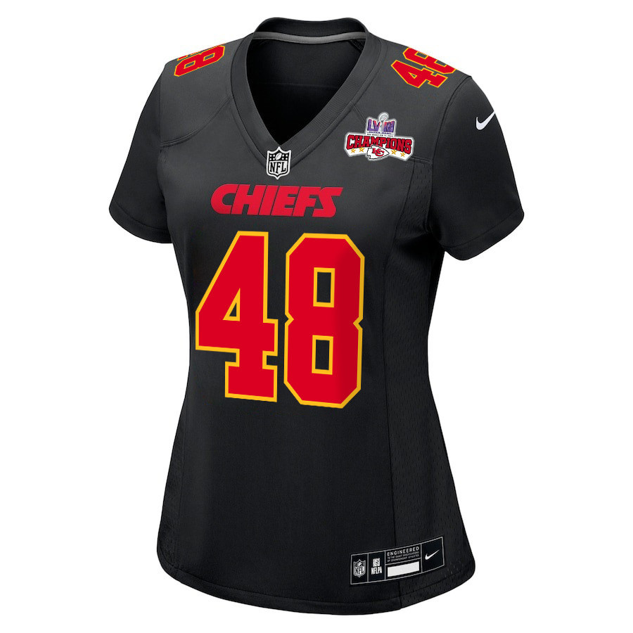 Alternative view of Cole Christiansen 48 Kansas City Chiefs Super Bowl LVIII Champions 4 Stars Patch Fashion Game Women Jersey - Carbon Black JS3700 nicesnker