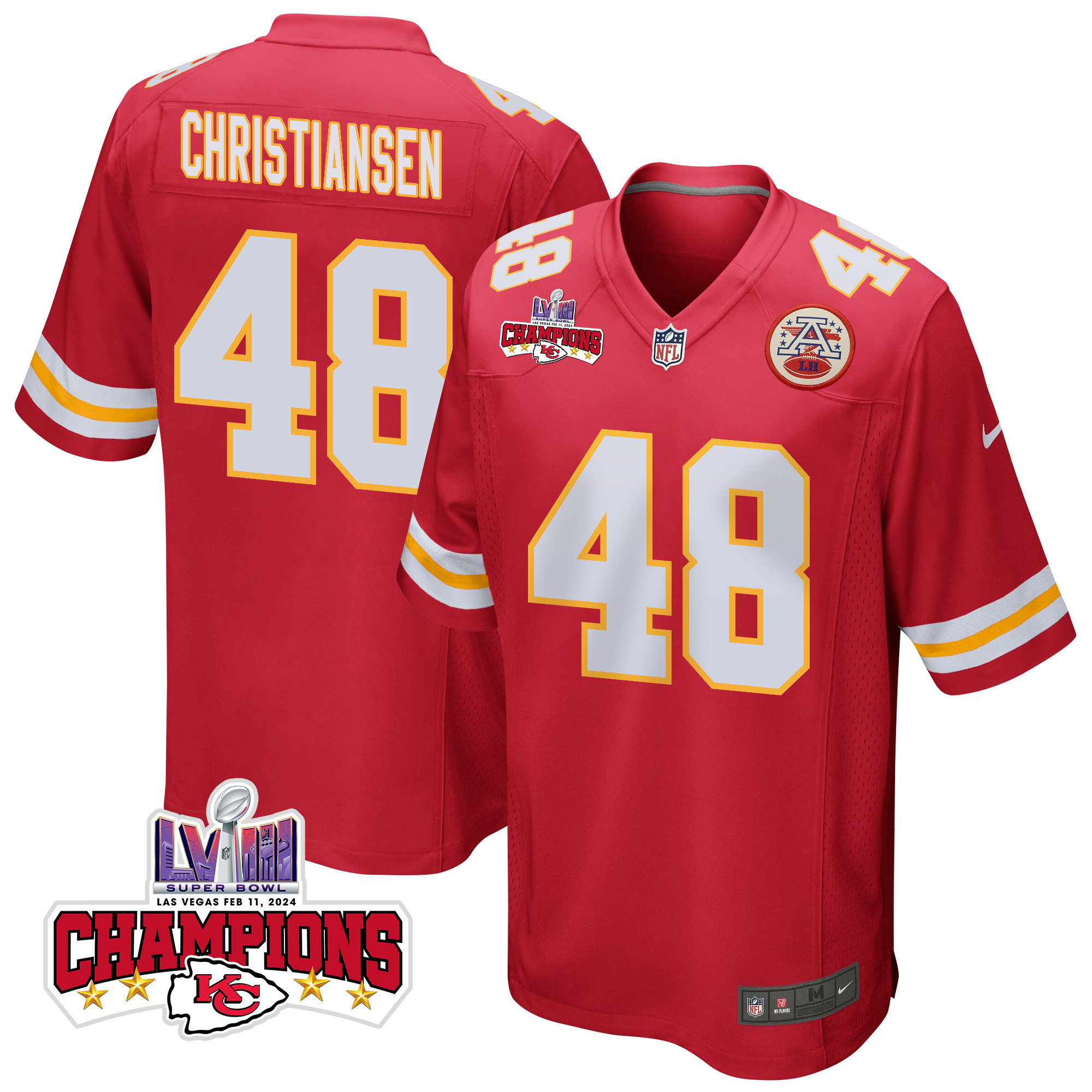 Cole Christiansen 48 Kansas City Chiefs Super Bowl LVIII Champions 4 Stars Patch Game Men Jersey - Red JS1448 nicesnker