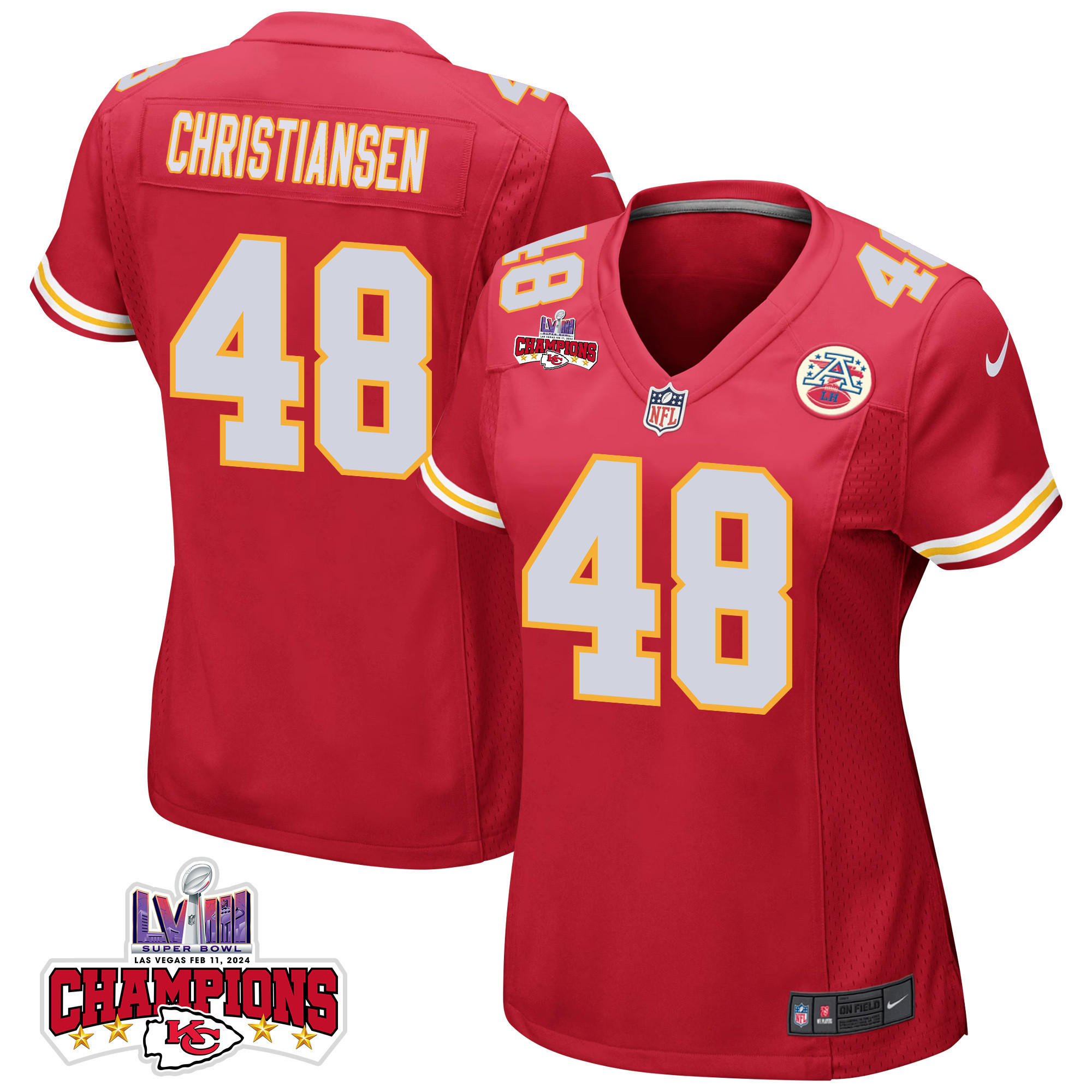 Cole Christiansen 48 Kansas City Chiefs Super Bowl LVIII Champions 4 Stars Patch Game Women Jersey - Red JS5702 nicesnker