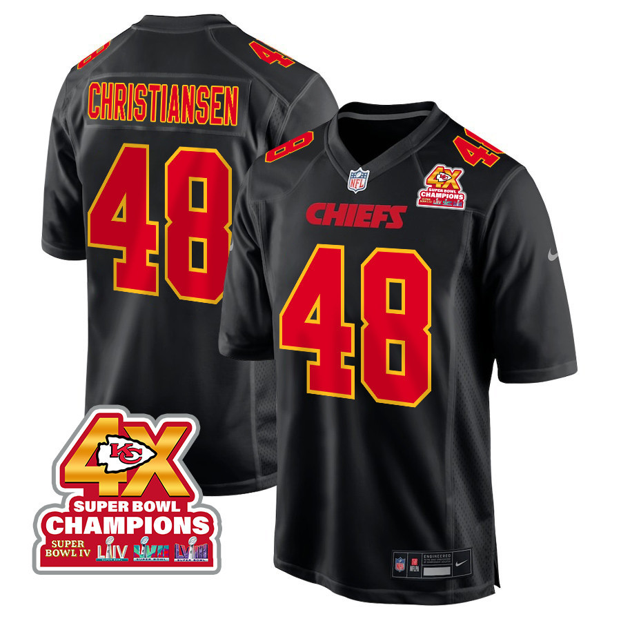 Cole Christiansen 48 Kansas City Chiefs Super Bowl LVIII Champions 4X Fashion Game Men Jersey - Carbon Black JS4789 nicesnker