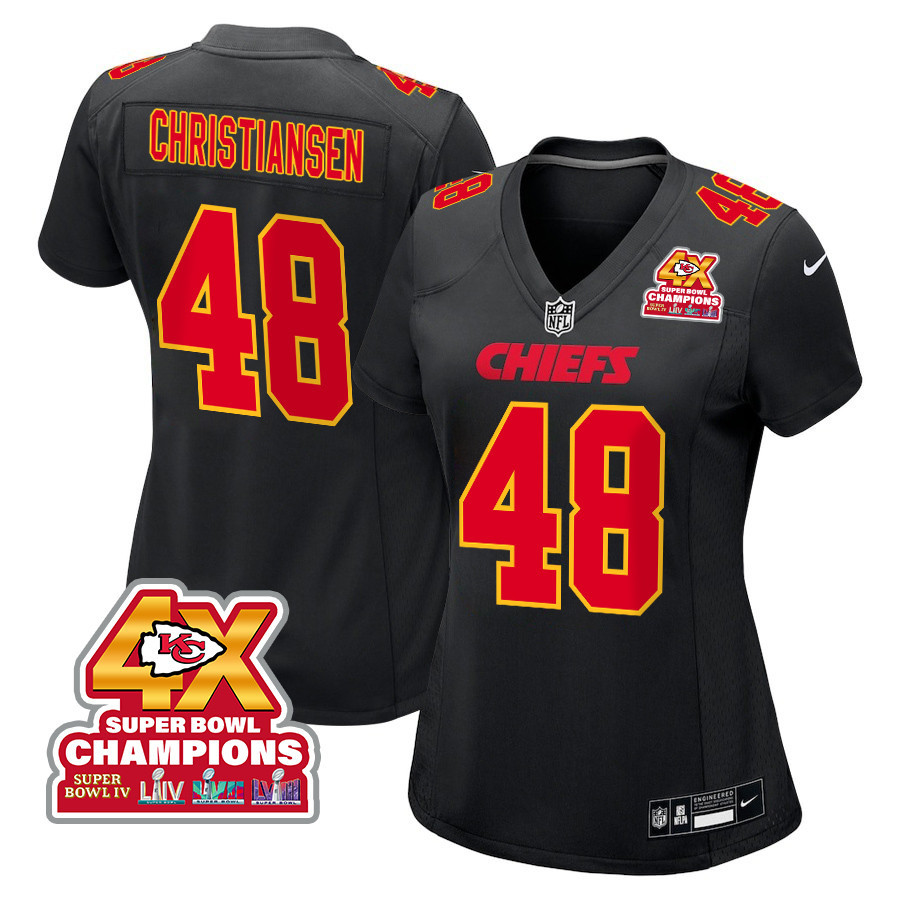 Cole Christiansen 48 Kansas City Chiefs Super Bowl LVIII Champions 4X Fashion Game Women Jersey - Carbon Black JS3209 nicesnker