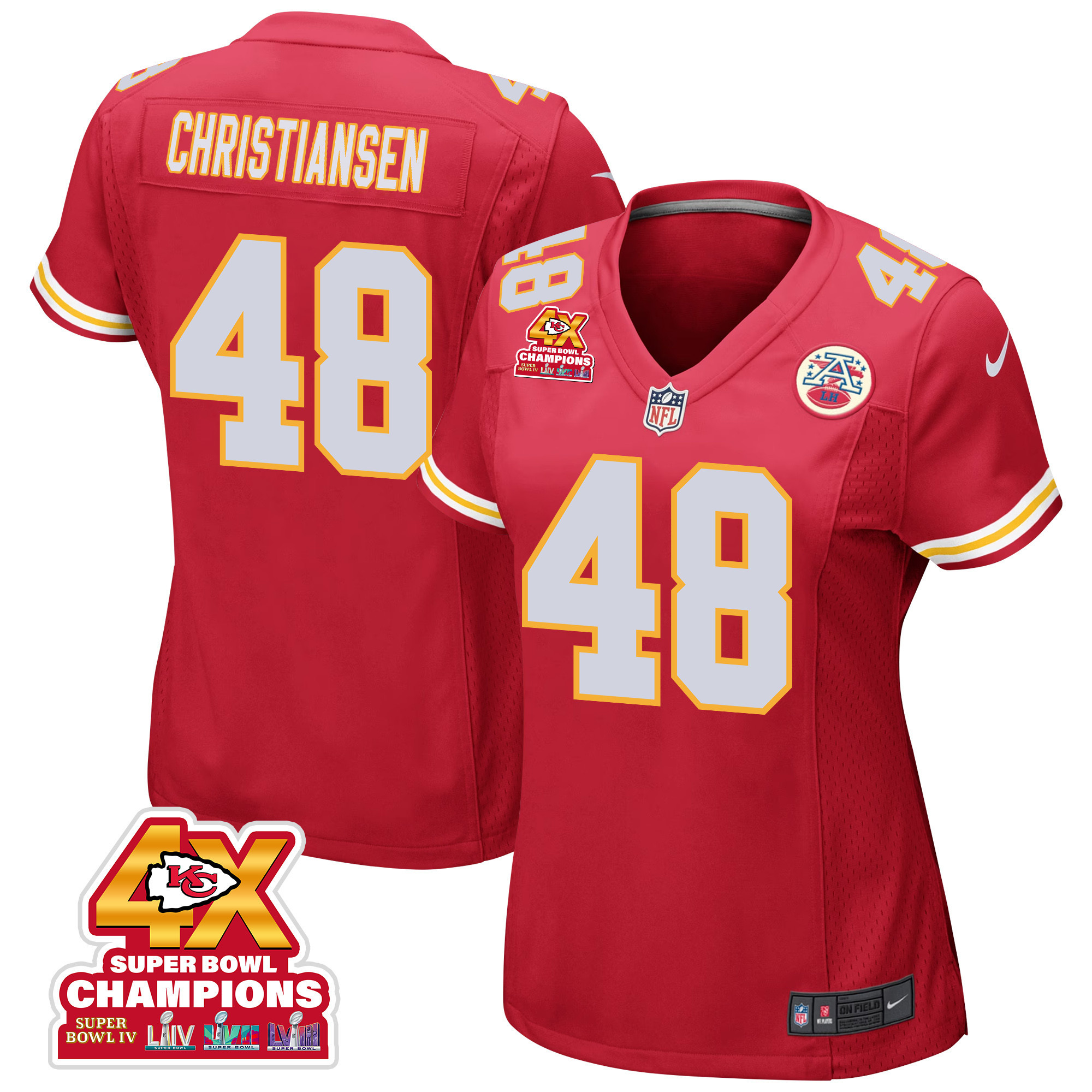 Cole Christiansen 48 Kansas City Chiefs Super Bowl LVIII Champions 4X Game Women Jersey - Red JS9514 nicesnker