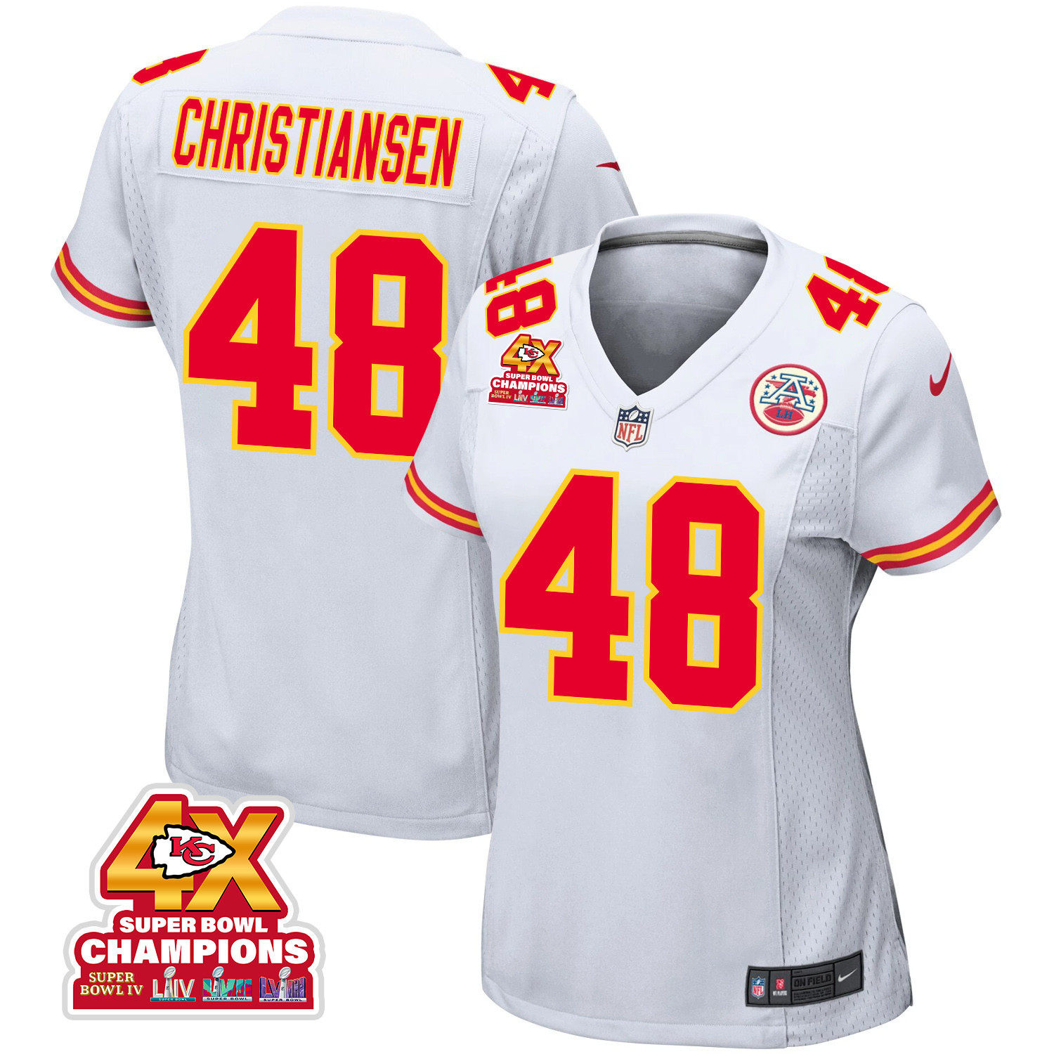 Cole Christiansen 48 Kansas City Chiefs Super Bowl LVIII Champions 4X Game Women Jersey - White JS7905 nicesnker