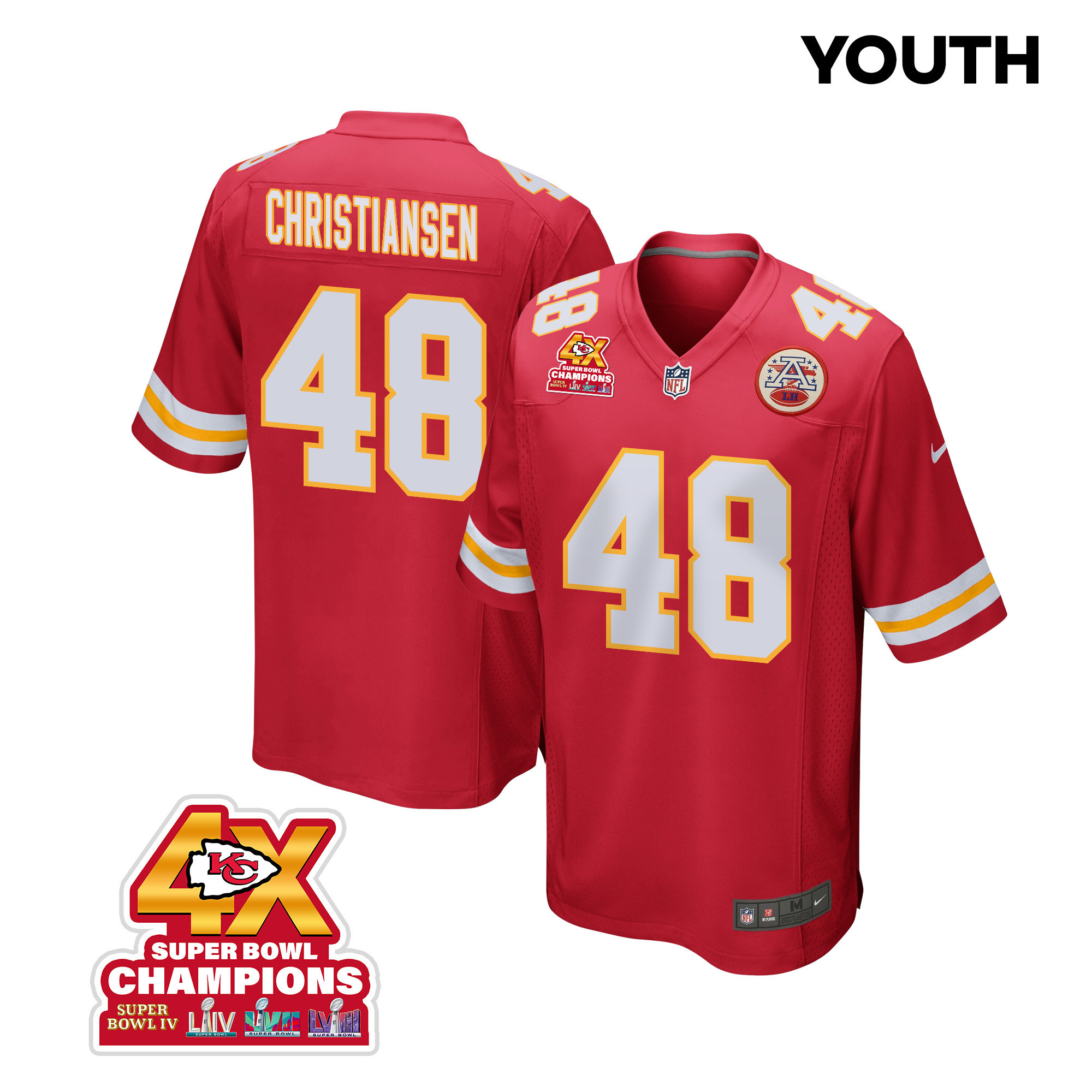 Cole Christiansen 48 Kansas City Chiefs Super Bowl LVIII Champions 4X Game YOUTH Jersey - Red JS8936 nicesnker