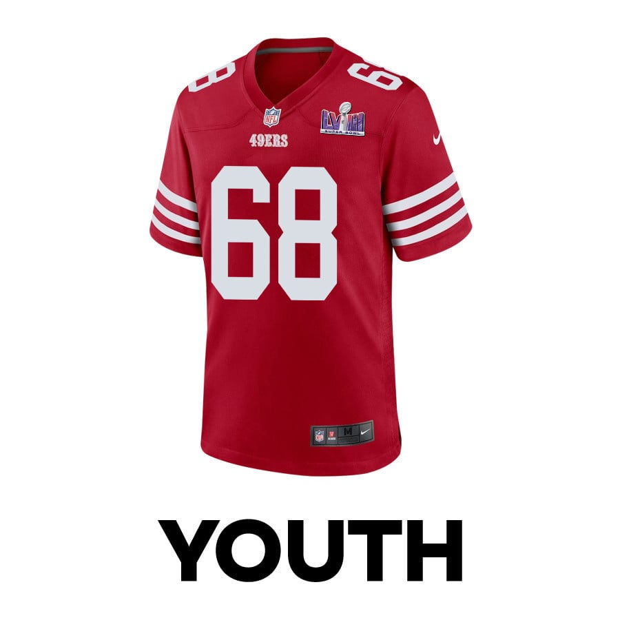 Alternative view of Colton McKivitz 68 San Francisco 49ers Super Bowl LVIII Patch Game YOUTH Jersey - Scarlet JS6194 nicesnker