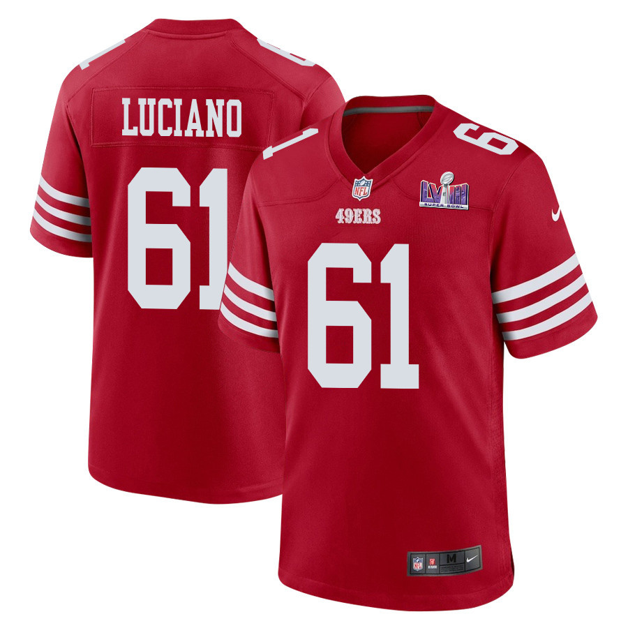 Corey Luciano 61 San Francisco 49ers Super Bowl LVIII Patch Game Men Jersey - Scarlet JS8238 nicesnker