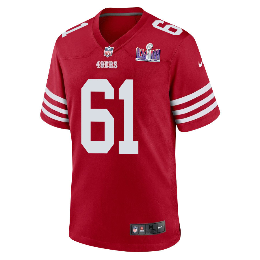 Alternative view of Corey Luciano 61 San Francisco 49ers Super Bowl LVIII Patch Game Men Jersey - Scarlet JS8238 nicesnker