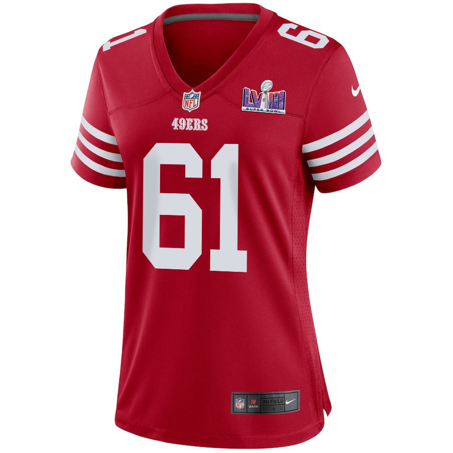 Alternative view of Corey Luciano 61 San Francisco 49ers Super Bowl LVIII Patch Game Women Jersey - Scarlet JS4175 nicesnker