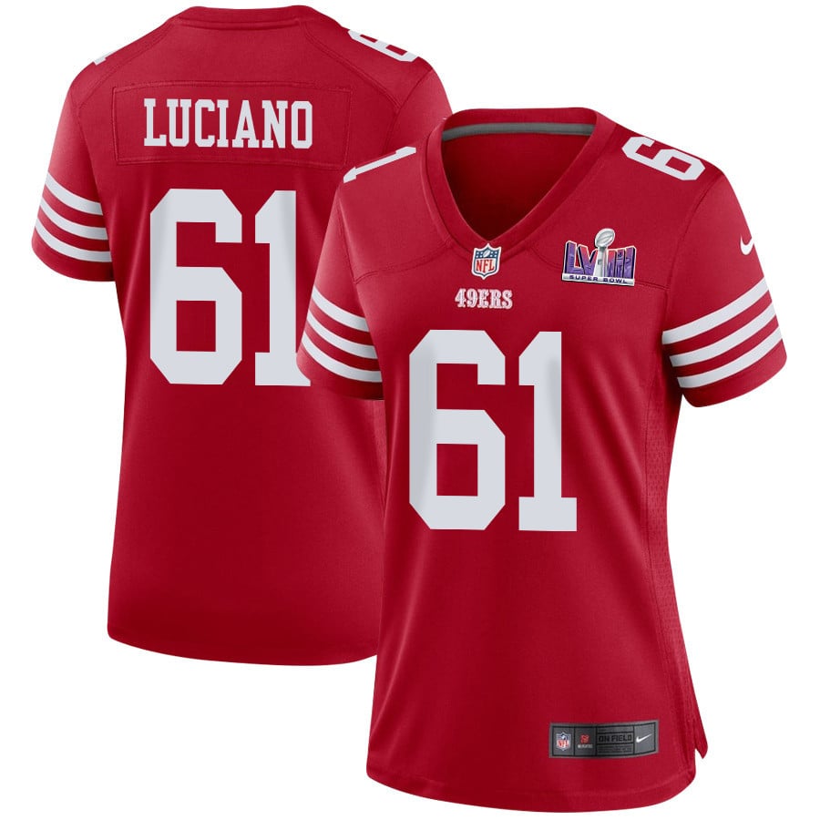 Corey Luciano 61 San Francisco 49ers Super Bowl LVIII Patch Game Women Jersey - Scarlet JS4175 nicesnker