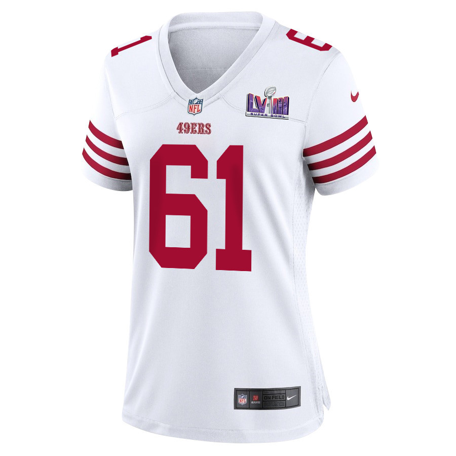 Alternative view of Corey Luciano 61 San Francisco 49ers Super Bowl LVIII Patch Game Women Jersey - White JS3798 nicesnker