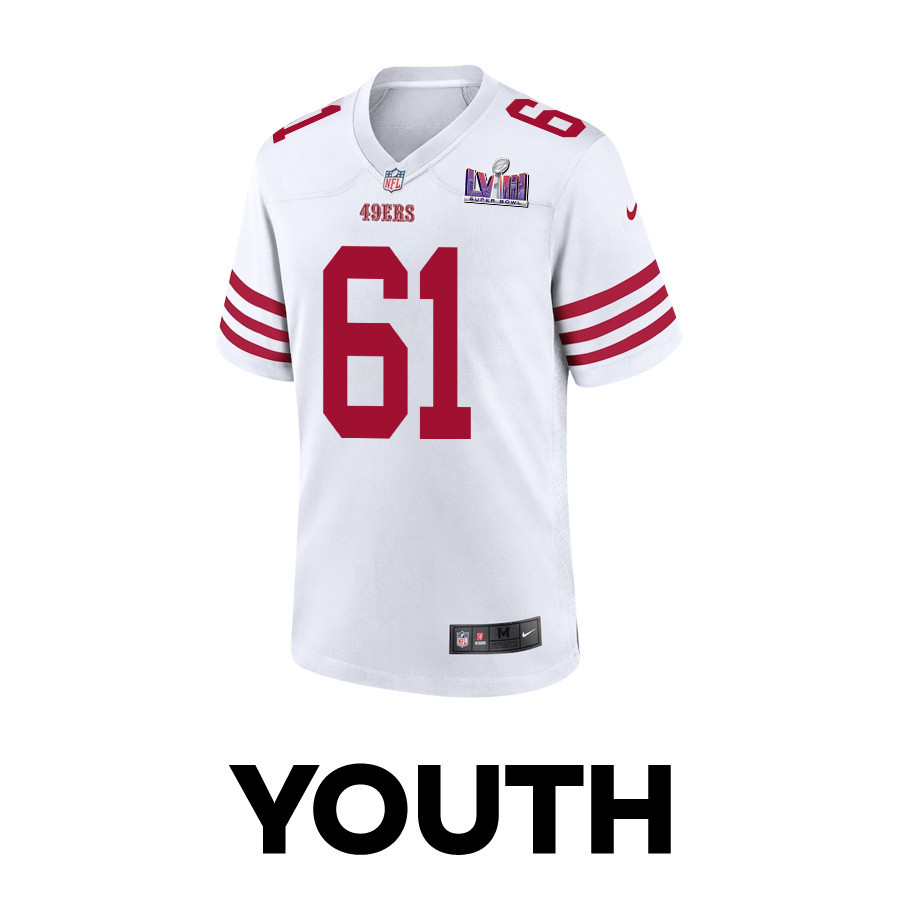 Alternative view of Corey Luciano 61 San Francisco 49ers Super Bowl LVIII Patch Game YOUTH Jersey - White JS3674 nicesnker