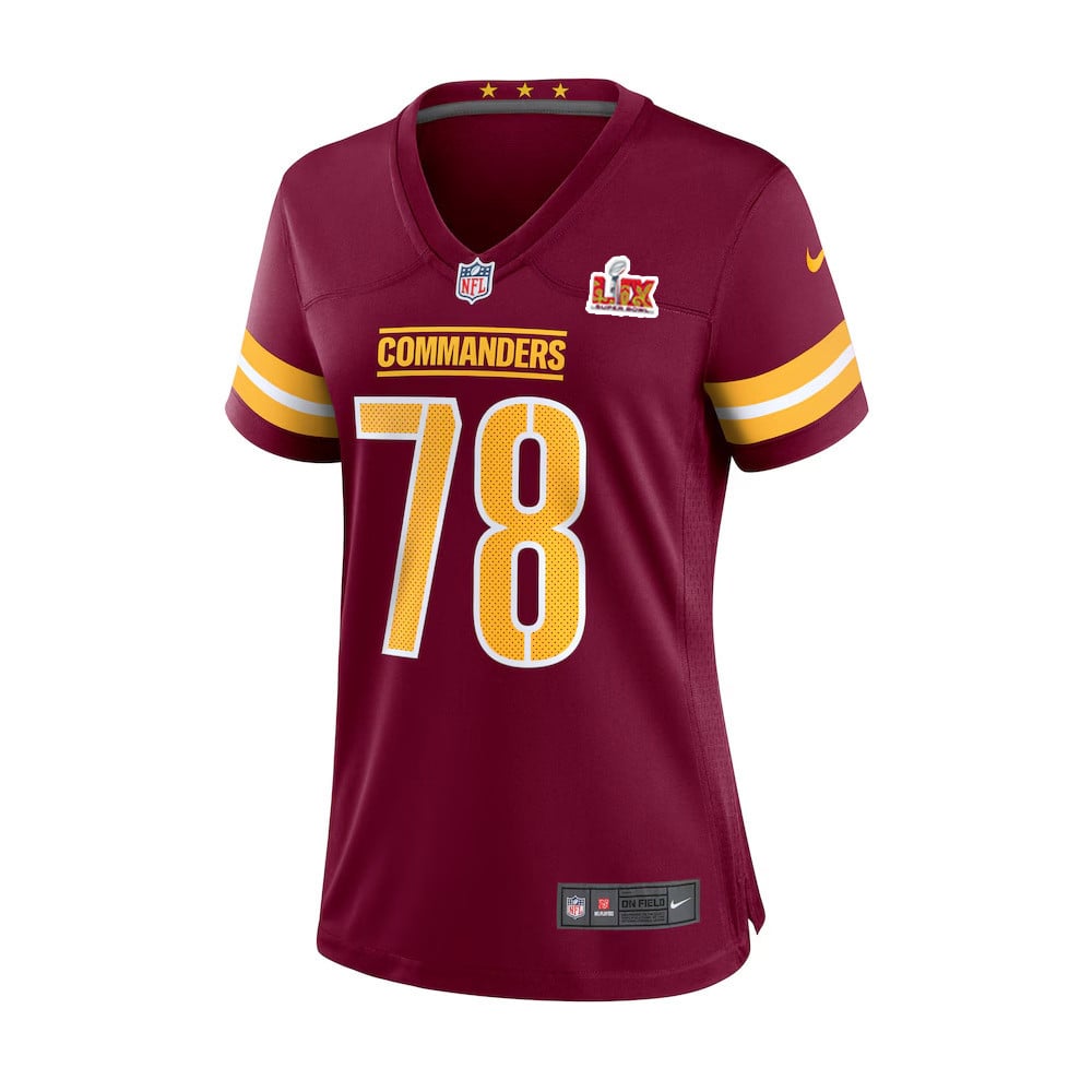 Alternative view of Cornelius Lucas #78 Washington Commanders Super Bowl LIX Women's Jersey - Burgundy JS6410 nicesnker