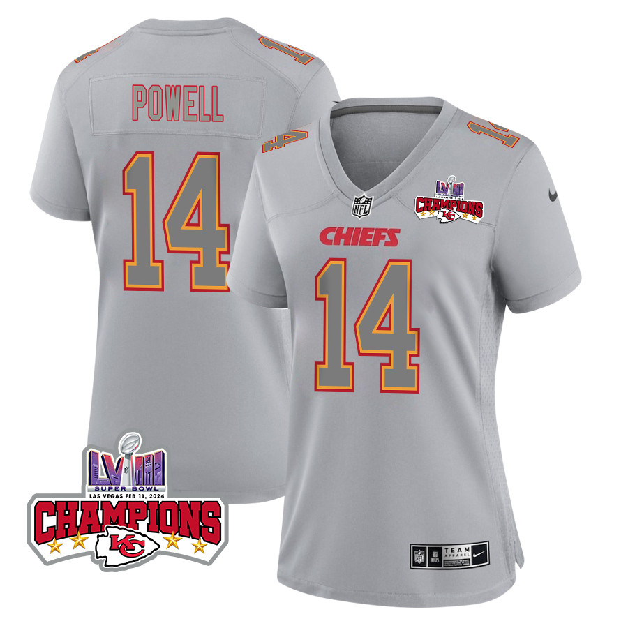 Cornell Powell 14 Kansas City Chiefs Super Bowl LVIII Champions 4 Stars Patch Atmosphere Fashion Game Women Jersey - Gray JS8975 nicesnker