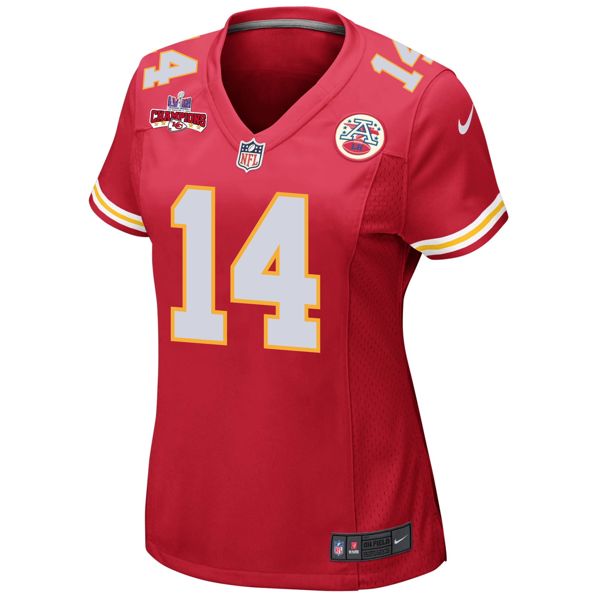 Alternative view of Cornell Powell 14 Kansas City Chiefs Super Bowl LVIII Champions 4 Stars Patch Game Women Jersey - Red JS9685 nicesnker