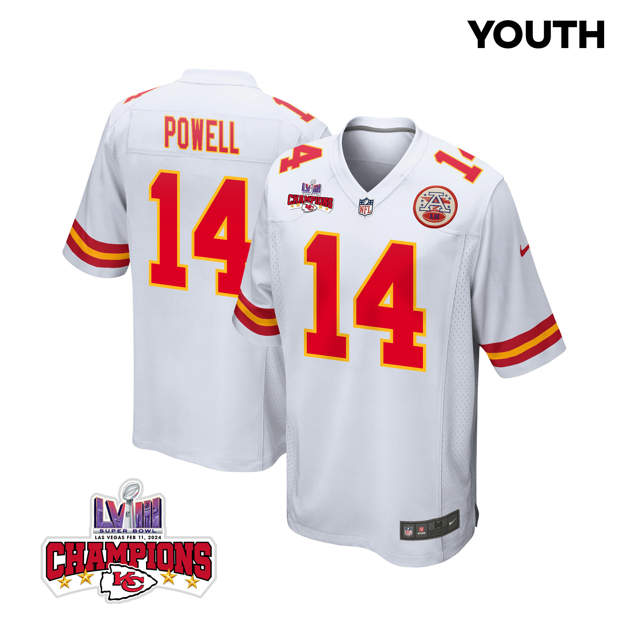 Cornell Powell 14 Kansas City Chiefs Super Bowl LVIII Champions 4 Stars Patch Game YOUTH Jersey - White JS3828 nicesnker