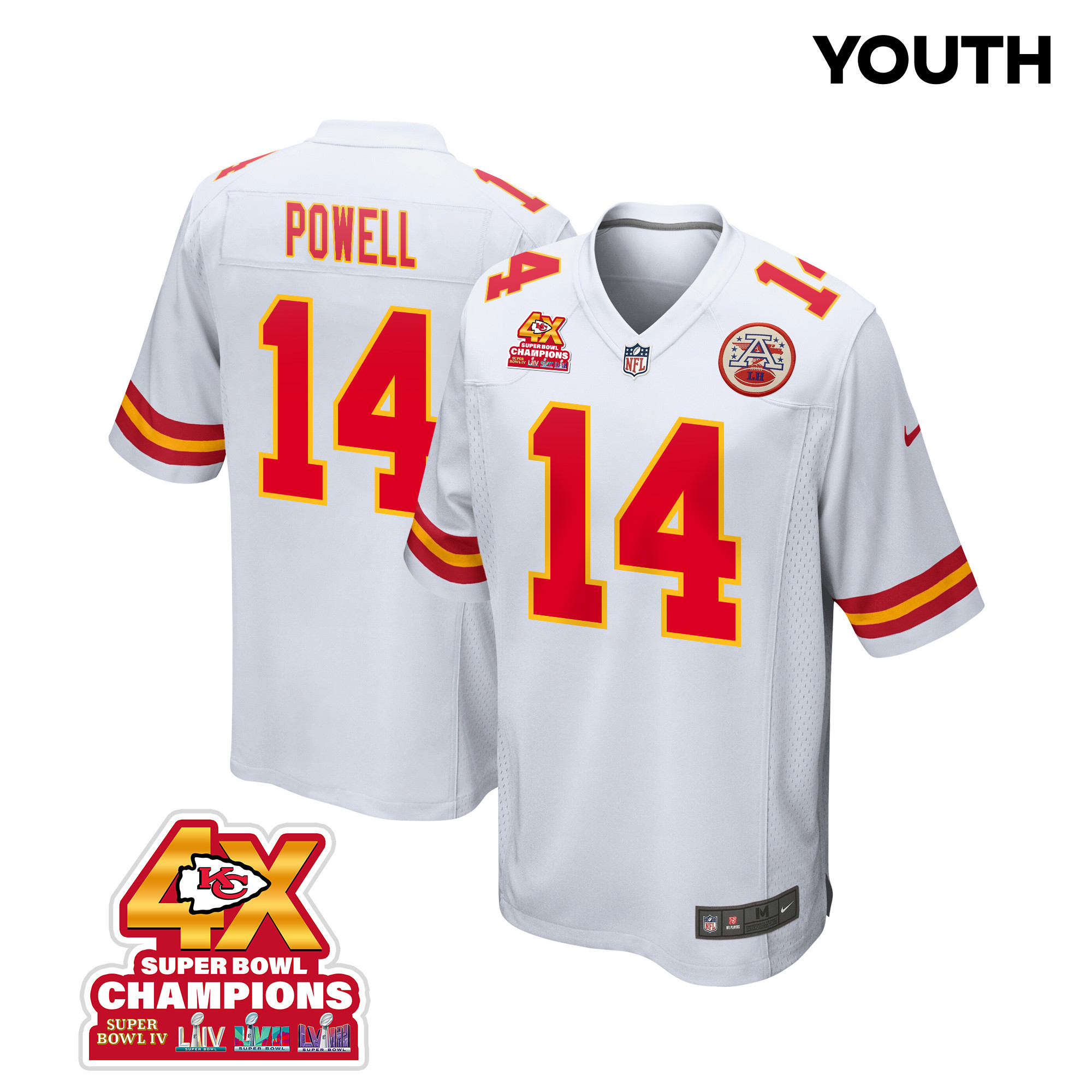 Cornell Powell 14 Kansas City Chiefs Super Bowl LVIII Champions 4X Game YOUTH Jersey - White JS2664 nicesnker