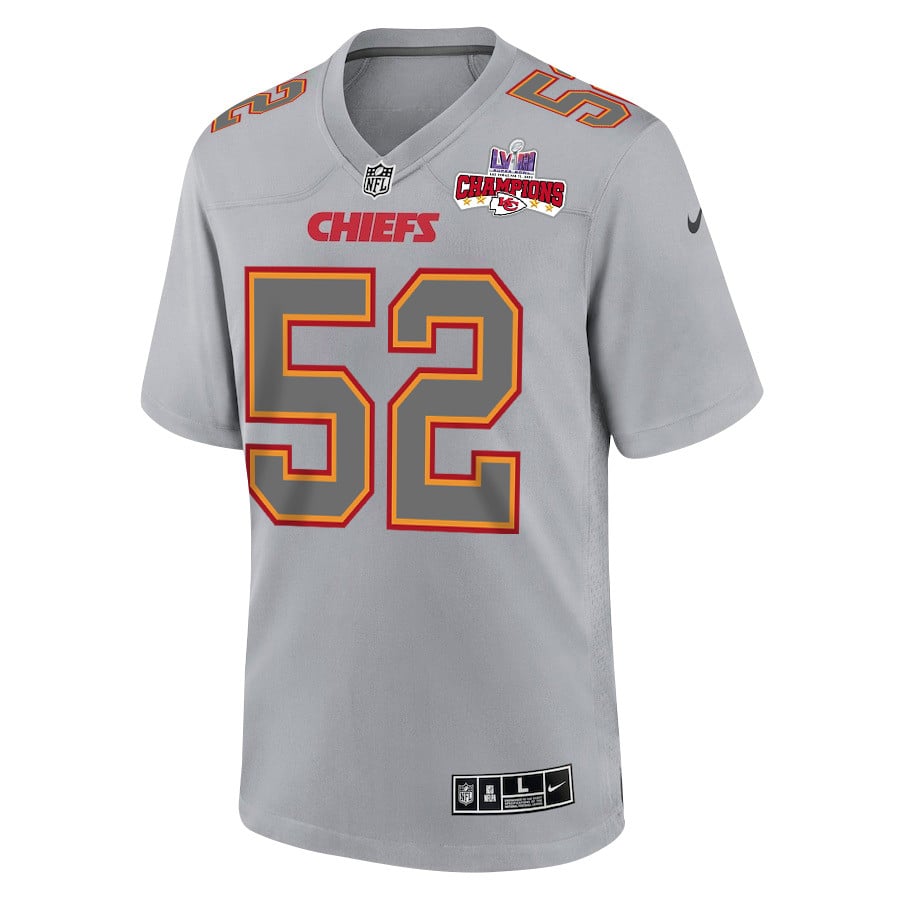 Alternative view of Creed Humphrey 52 Kansas City Chiefs Super Bowl LVIII Champions 4 Stars Patch Atmosphere Fashion Game Men Jersey - Gray JS8869 nicesnker