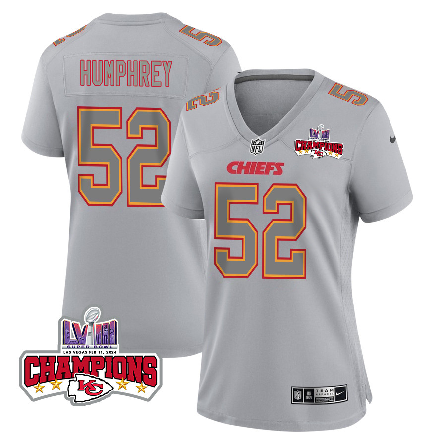 Creed Humphrey 52 Kansas City Chiefs Super Bowl LVIII Champions 4 Stars Patch Atmosphere Fashion Game Women Jersey - Gray JS8154 nicesnker