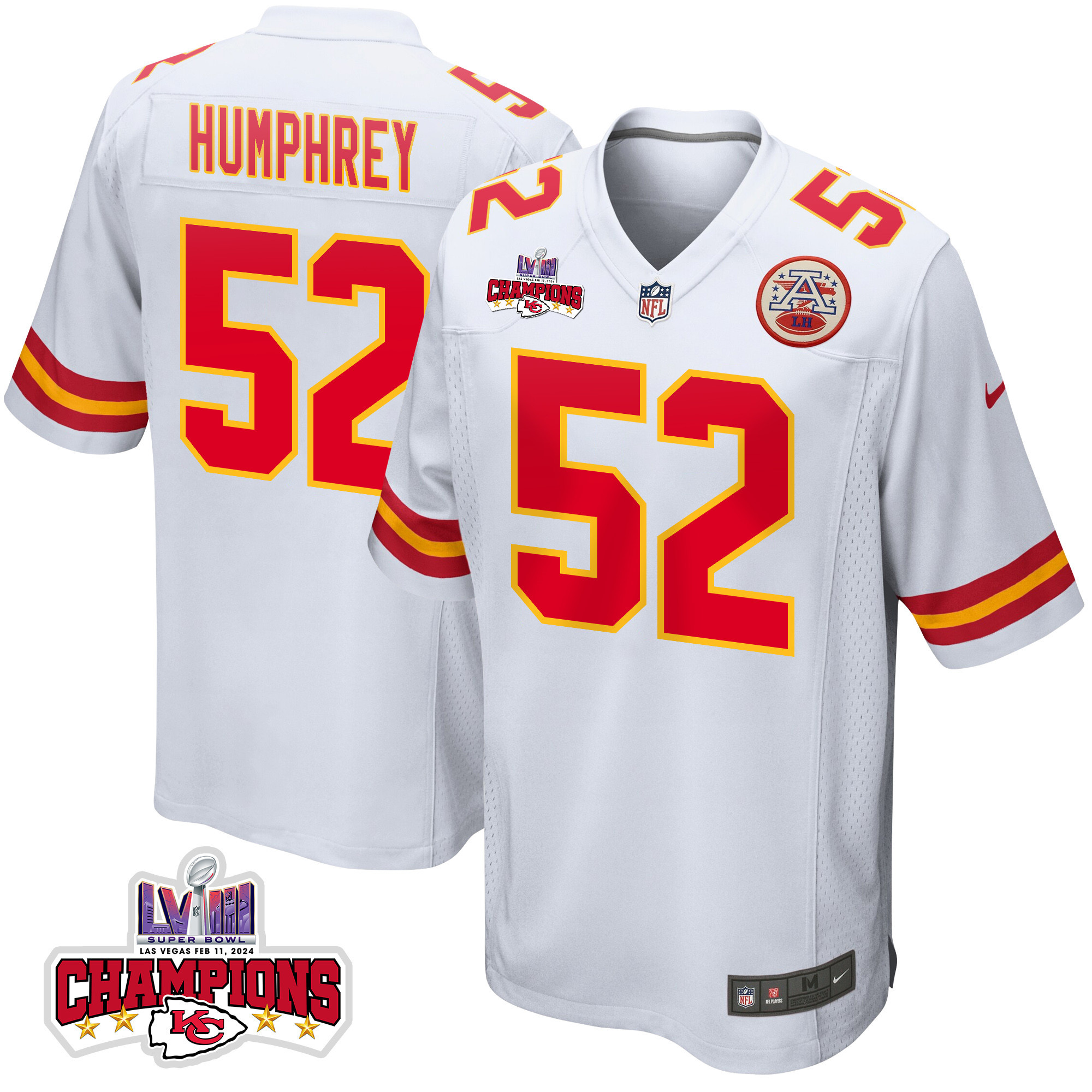 Creed Humphrey 52 Kansas City Chiefs Super Bowl LVIII Champions 4 Stars Patch Game Men Jersey - White JS5512 nicesnker