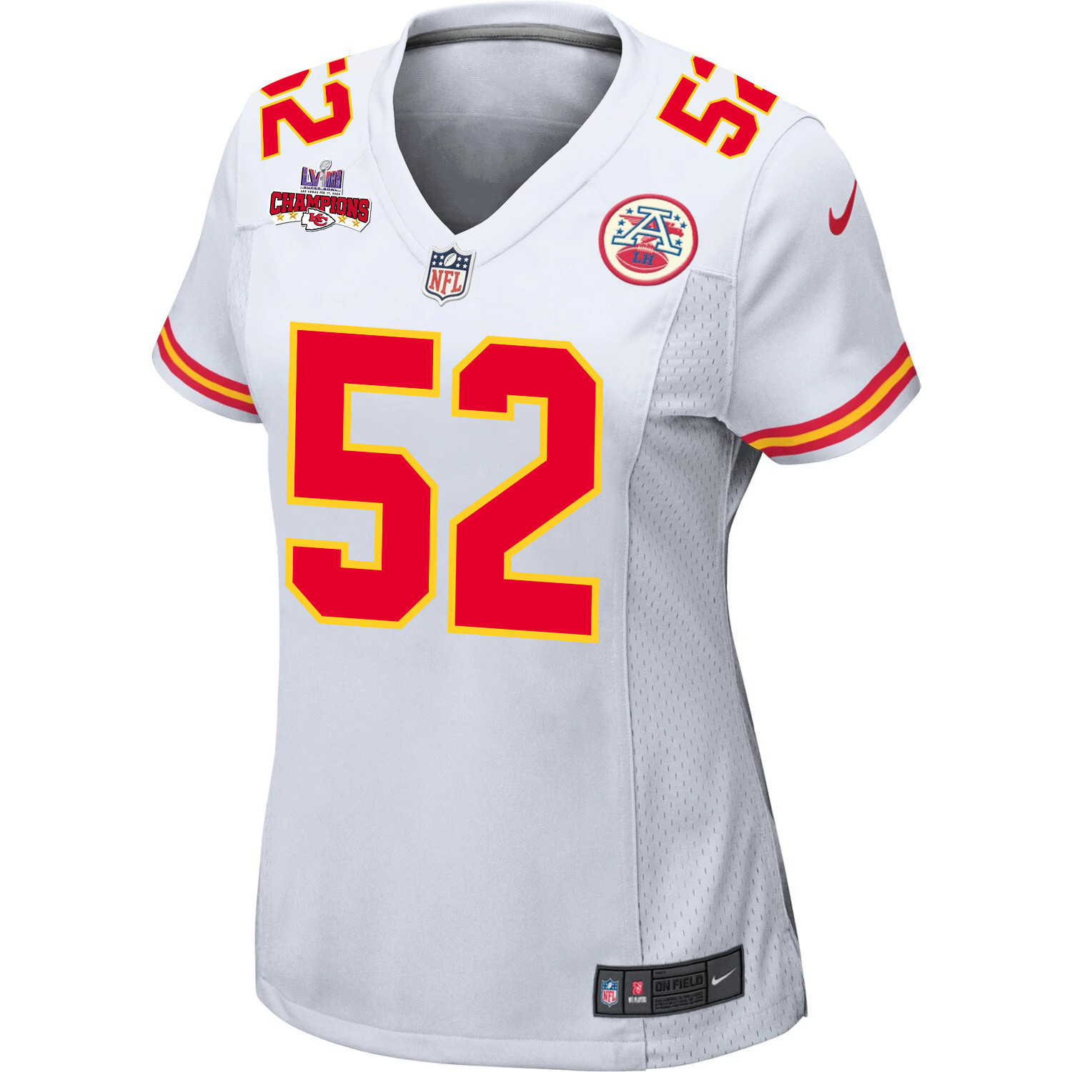 Alternative view of Creed Humphrey 52 Kansas City Chiefs Super Bowl LVIII Champions 4 Stars Patch Game Women Jersey - White JS2655 nicesnker