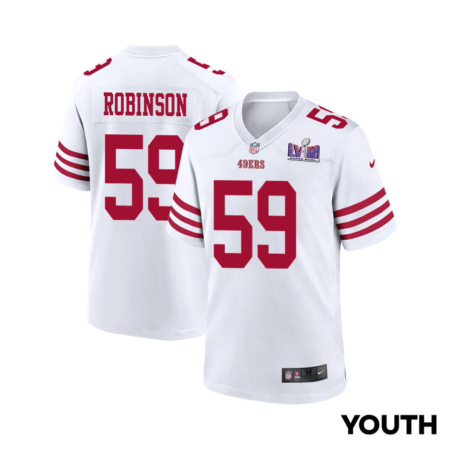 Curtis Robinson 59 San Francisco 49ers Super Bowl LVIII Patch Game YOUTH Jersey - White JS5395 nicesnker