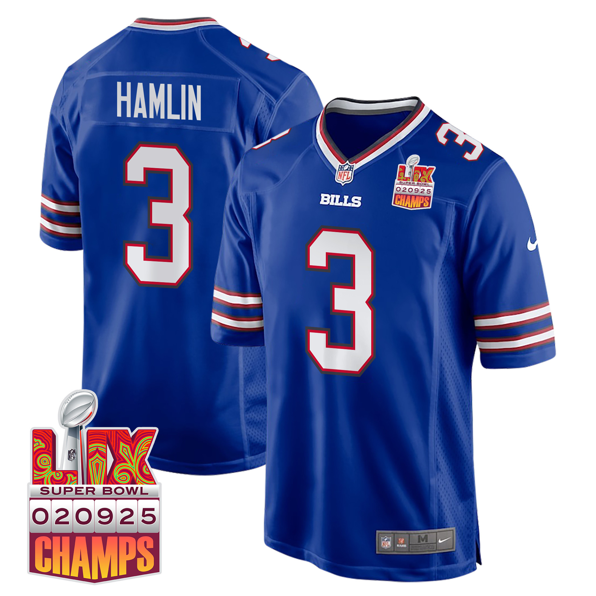 Damar Hamlin 3 Buffalo Bills Super Bowl LIX Champions Patch Game Men Jersey - Royal JS1714 nicesnker