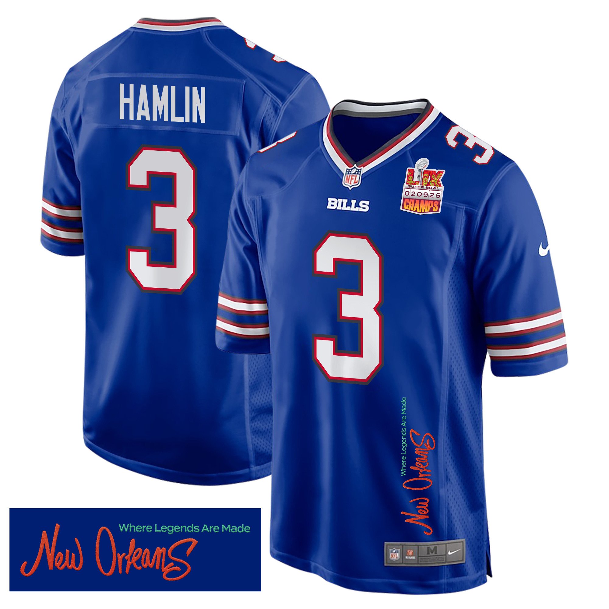 Damar Hamlin 3 Buffalo Bills Super Bowl LIX Champions Patch 'New Orleans - Where Legends Are Made' EMBROIDERED Game Men Jersey - Royal JS9296 nicesnker