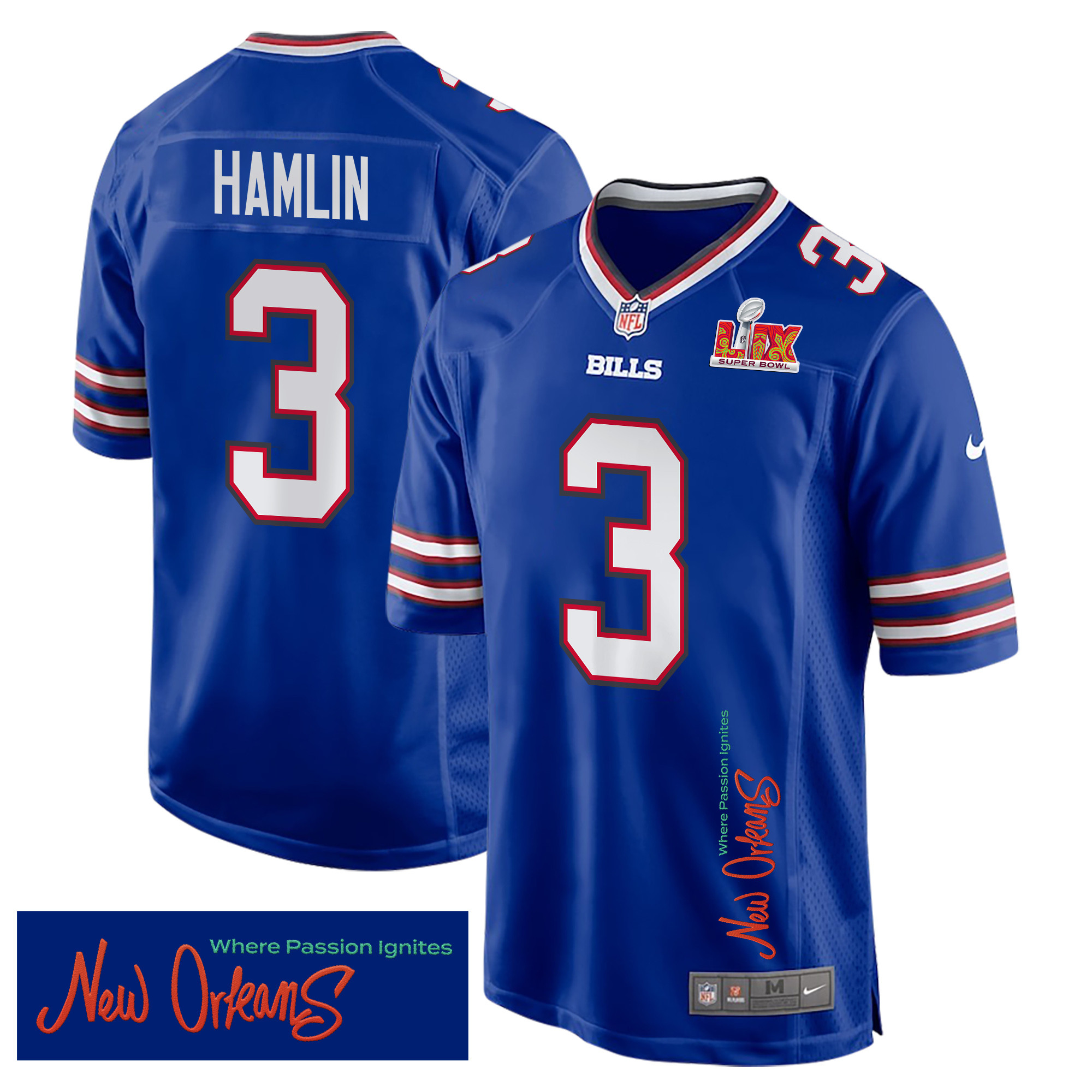 Damar Hamlin 3 Buffalo Bills Super Bowl LIX 'New Orleans - Where Passion Ignites' EMBROIDERED Game Men Jersey - Royal JS9223 nicesnker