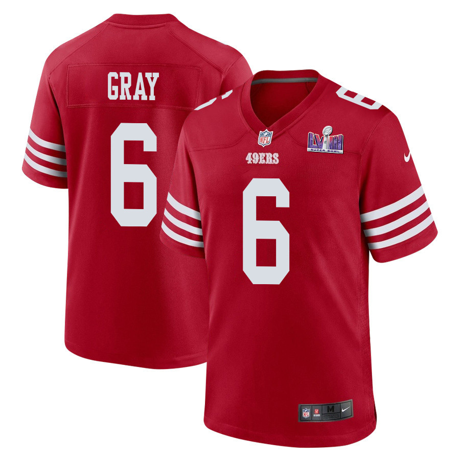 Danny Gray 6 San Francisco 49ers Super Bowl LVIII Patch Game Men Jersey - Scarlet JS5657 nicesnker