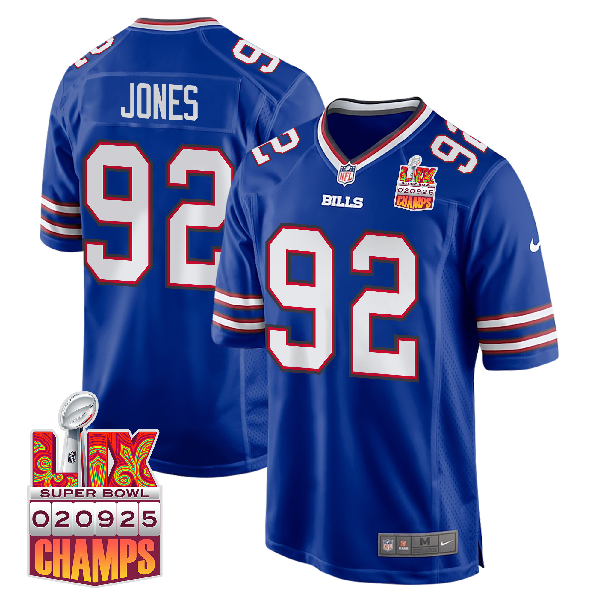 DaQuan Jones 92 Buffalo Bills Super Bowl LIX Champions Patch Game Men Jersey - Royal JS8853 nicesnker